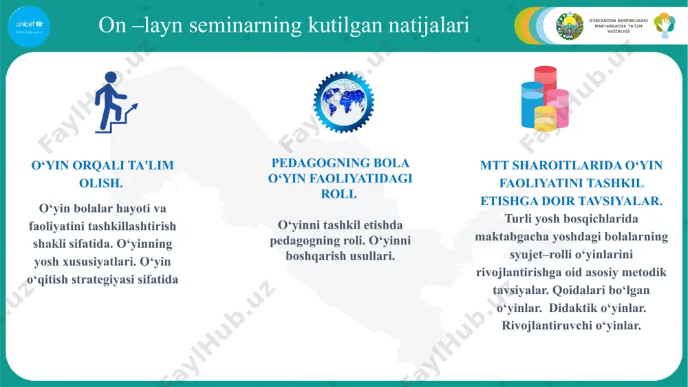 ini hisobga olish bolalarga jamiyatdagi o‘z o‘rnini tushunish va o‘ziga bo‘lgan ishonchsizlikni kamaytirishga yordam beradi. o‘yinda bolalar barcha ko‘nikmalaridan foydalanadigan nazorat qilinadigan harakat makonini yaratadilar. o‘yinning yosh xususiyatlari o‘yinning katta ahamiyati shundaki, unda hech qaerda uchramaydigan jihat bor: bola o‘z mustaqilligini ko‘rsata oladi; o‘yin va o‘yinchoq, o‘yindagi do‘stlarini tanlashi mumkin, o‘yin joyini, uning boshlanishi, oxiri va hokazolarni belgilab bera oladi. bu qobiliyat bolalarda ma'lum ma'noda 3, 4 yoshda paydo bo‘ladi. bolalar o‘z zimmasiga ma'lum rollarni ola boshlaydi, lekin ularni “chizma” ko‘rinishida boshqalarga ulashadi. 3-4 yoshli bola o‘ziga yaxshi tanish bo‘lgan insonlarning harakatlari va yurish-turishini to‘liqroq va batafsilroq namoyon etadi. 4 yoshda syujet-rolli o‘yinlar ancha ko‘payadi. 5 yoshda syujetli o‘yinlar uncha murakkablashmaydi, biroq o‘yin birlashmalari kengayadi (avval bolalar ko‘proq ikkita, uchta bo‘lib o‘ynagan).. bolalarda o‘yinlar ancha murakkab syujet bilan ajralib turadi. unda odatda inson munosabatlari, ijtimoiy hayotning turli hodisalari aks etadi: o‘yinlarda bevosita kuzatuvlardan va bilvosita (kitob o‘qish, suhbatdan so‘ng va …