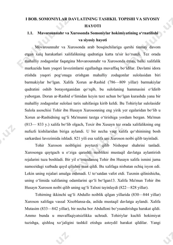 oschisi tohir ibn husayn xurosonning eng yirik yer egalaridan bo‘lib u xorun ar-rashidning ug‘li ma'munni taxtga o‘tirishiga yordam bergan. ma'mun (813— 833 y.) xalifa bo‘lib olgach, toxir ibn xusayn tez orada xalifalikning eng nufuzli kishilaridan biriga aylandi. u bir necha vaqt xalifa qo‘shinining bosh sarkardasi lavozimida ishladi. 821 yili esa xalifa uni xuroson noibi qilib tayinladi. tohir xuroson noibligini poytaxti qilib nishopur shahrini tanladi. xurosonga qaytgach u o‘ziga qarashli noiblikni mustaqil davlatga aylantirish rejalarini tuza boshladi. bir yil o‘tmasdanoq tohir ibn husayn xalifa ismini juma namozidagi xutbada qayd qilishni man qildi. bu xalifaga nisbatan ochiq isyon edi. lekin uning rejalari amalga oshmadi. u to‘satdan vafot etdi. taxmin qilinishicha, uning o‘limida xalifaning odamlarini qo‘li bo‘lgan13. xalifa ma'mun tohir ibn husayn xuroson noibi qilib uning ug‘li talxni tayinlaydi (822—828 yillar). tohirning ikkinchi ug‘li abdullo noiblik qilgan yillarida (830—844 yillar) xuroson xalifaga vassal xisoblansa-da, aslida mustaqil davlatga aylandi. xalifa mutasim (833—842 yillar), bir …