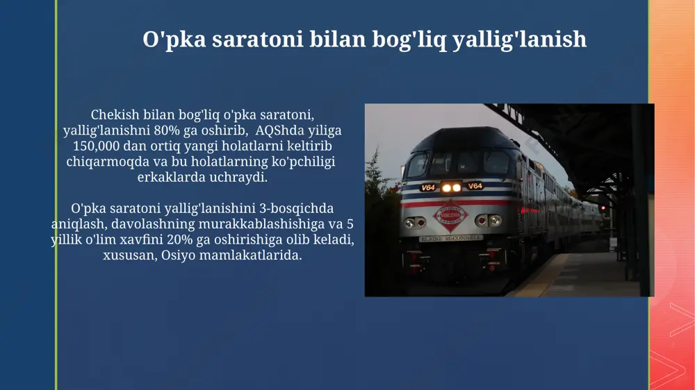 n, va davolash usullari patogenning turiga bog'liq. koah (surunkali obstruksiv o'pka kasalligi) koah bilan kasallanganlarning 40% dan ortig'i 65 yoshdan oshgan bo'lib, jahon sog'liqni saqlash tashkiloti ma'lumotlariga ko'ra, bu kasallikning tarqalishi osiyo mamlakatlarida, jumladan, o'zbekistonda ham yuqori. koah diagnostikasi spirometriya tekshiruvi orqali amalga oshiriladi va fev1 ko'rsatkichi (bir soniyada chiqariladigan havo hajmi)ning kamayishi kasallikning og'irligini aniqlashga yordam beradi, bu ko'rsatkichning 70% dan past bo'lishi koahning mavjudligini ko'rsatadi. allerjik alveolit allerjik alveolit diagnostikasi ko'krak qafasi rentgenogrammasi va yuqori darajadagi ige antitellarining aniqlanishi orqali amalga oshiriladi, davolash esa steroidlar va immunomodulyatorlar yordamida 3-6 oy davom etadi. kasallikning rivojlanishiga 20 dan ortiq turdagi organik changlar, jumladan, qishloq xo'jaligi mahsulotlari (masalan, g'o'za changi) va sanoat materiallari (masalan, asbest) sabab bo'lishi mumkin. astma astma davolashda ishlatiladigan inhalatorlar, masalan, beta-2 agonistlari va kortikosteroidlar, o'pka yo'llarining yallig'lanishini kamaytiradi va nafas olishni yaxshilaydi, ammo ularning samaradorligi bemorning individual xususiyatlariga va kasallikning og'irligiga qarab farq qiladi. astma xurujlari yiliga …