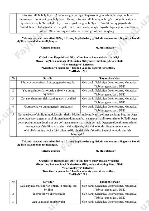 urug`larni yetkazish.irsiy o`zgaruvchanlikning gomologik qatori qonuni. gen bank, seleksiya, xromosoma, mutatsiya, tibbiyot genetikasi, dnk 2 mutatsiyalar tasnifi gen bank, seleksiya, xromosoma, mutatsiya, tibbiyot genetikasi, dnk 3 autosoma xromosomalari sonining o ‘zgarishi bilan bog’liq irsiy kasalliklar gen bank, seleksiya, xromosoma, mutatsiya, tibbiyot genetikasi, dnk 4 spontan va indusirlangan mutasiyalar. mutasiyalarii o‘rganish usullari. evolyusion va seleksion jarayonlarni oʻrganishda mutasiyalarning ahamiyati. gen bank, seleksiya, xromosoma, mutatsiya, tibbiyot genetikasi, dnk 5 ikkita har xil belgilarning bir-birini inkor etuvchi variantlari mustaqil kombinatsiyalangan tajriba natijasida olingan keying naslida ajralish hosil qiladigan organizmning necha %i faqat birinchi juft belgisi bo`yicha ajralish hosil qiladi? yakuniy nazorat variantlari 2024-yil 01-maydagi kafedra yig’ilishida muhokama qilingan va 1-sonli yig’ilish bayoni bilan tasdiqlangan. kafedra mudiri: m. mustafakulov o‘zbekiston respublikasi oliy ta’lim, fan va innovatsiyalar vazirligi mirzo ulug‘bek nomidagi o‘zbekiston milliy universitetining jizzax filiali “biotexnologiya” kafedrasi “genetika va genomika ” fanidan yakuniy nazorat variantlari. variant № 6 № savollar tayanch so‘zlar 1 genomni …