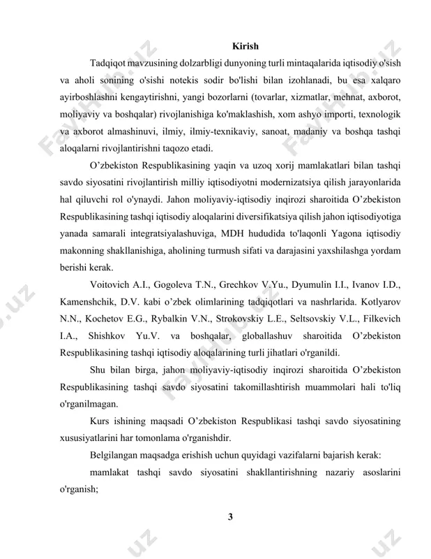 tashqi savdo siyosatini shakllantirishning nazariy asoslarini o'rganish; o’zbekiston respublikasida tashqi savdo siyosatini rivojlantirishning asosiy tendentsiyalarini ko'rib chiqish; sanoat rivojlangan mamlakatlar tajribasini hisobga olgan holda o’zbekiston respublikasining tashqi savdo siyosatini takomillashtirish yo'nalishlarini asoslash. tadqiqot ob'ekti - o’zbekiston respublikasining jahon iqtisodiy munosabatlari tizimidagi tashqi savdo siyosati. tadqiqot mavzusi o’zbekiston respublikasining xalqaro mehnat taqsimotidagi ishtirokining eng muhim tarkibiy parametrlari va xususiyatlarini aks ettiruvchi o’zbekiston respublikasi tashqi savdo siyosatining yo'nalishlari. kurs ishini yozishning nazariy va uslubiy asosi o’zbek iqtisodchilarining jahon iqtisodiyoti va xalqaro iqtisodiy munosabatlar sohasidagi ishlari bo'ldi. tarkibiy jihatdan kurs ishi kirish, uch bob, xulosa va foydalanilgan adabiyotlar ro‘yxatidan iborat. i bob.mamlakat tashqi savdo siyosatini shakllantirishning nazariy asoslari 1.1 tashqi savdo siyosati: mohiyati va turlari tashqi savdo siyosati - bu davlat tomonidan tashqi iqtisodiy siyosatni bir butun sifatida amalga oshirish maqsadida foydalaniladigan eksport va import hajmi va yo'nalishini tartibga solish usullari, usullari va mexanizmlari majmuidir. tarixan tashqi savdo siyosatining ikki qarama-qarshi turi ajratilgan: …