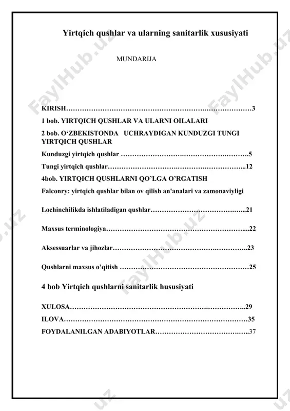 fenotip bilan ifodalanadi, bu juda kuchli tumshug'i bilan tasdiqlanadi, bu unga oziqlantirish va ibtidoiy faoliyatni amalga oshirish uchun ishlaydigan katta jasoratlarni bajarishga imkon beradi.bundan tashqari, ularning tirnoqlari turli xil omon qolish va ovchilik faoliyati uchun juda ko'p qirrali tarzda foydalanadigan, biz aytib o'tmagan elementdir. ularning turishiga va statik turishiga ruxsat berishdan tashqari.uning tanasi, odatda kichik bo'lgan boshidan farqli o'laroq, uzun deb hisoblanadi. ta'kidlash kerak bo'lgan yana bir xususiyat - bu ko'zlar. qushlarning ko'zlari katta, bu turdagi hayvonlar, odamlar kabi, juda murakkab ko'zlarga ega, ilmiy tadqiqotlar qushlarning ranglarni ko'rish va ko'rish qobiliyatiga ega ekanligini ko'rsatdiyirtqich qushlar tirik o'ljani tatib ko'rishda nafislikni topadilar. ularni sinash va oziqlantirish kabi asosiy ehtiyojlarini qondirish uchun turlarning chegarasi yo'qligini hisobga olsak. umuman olganda, qushlarning tasnifiga qarab, ular kichik hayvonlarni tutishga moyildirlar. 1 bob. yirtqich qushlar va ularni oilalari yirtqich qushlar ular asosan yirtqich ov qushlari bo'lib, ularning katta ko'zlari bor, bu ularga juda yaxshi ko'rish imkonini …