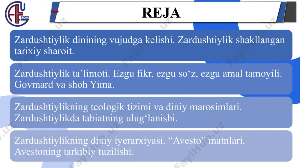 umot beradilar. sobiq ittifoq parchalanib ketganidan keyin markaziy osiyoda mustaqil davlatlarning yuzaga kelishi bilan bu masaladagi bahslar yanada kuchaydi. bizning fikrimizga ko‘ra, tarixiy diniy va boshqa manbalar zardushtiylikning xorazm vohasida yuzaga kelganligini ko‘rsatadi. «birinchi muqaddas olov – atarxurra eran-vej (ba’zi manbalarda ayrian vedja)da yoqildi deyiladi. mazkur hudud geografik va iqlimiy tavsifiga ko‘ra xorazmga to‘g‘ri keladi. g‘arb (yevropa va shimoliy amerika) mutaxassislarining aksariyat qismi zardushtiylikning eronda yuzaga kelganligi e’tirof etadilar. sharqda ham ushbu masalada munozaralar davom etayotgan bo‘lsa-da, ko‘pchilik mutaxassislarning fikriga ko‘ra, zardushtiylik xorazm yoki baqtriya da yuzaga kelgan. avestoda: zardushtiylikka taxminan 2700 yil oldin xorazmda yashagan tarixiy shaxs zardusht sepitoma asos solgan. zardusht ilohiyotshunos, faylasuf, shoir va tabiatshunos olim va mutafakkir zardushtiylik shakllangan tarixiy sharoit. «zardusht» so‘zi qadimgi fors tilida ushtra – tuya, zarat – sariq, ya’ni keksa tuyachi, tuyachilar avlodi degan ma’nolarni anglatadi. «zardushtiylik» atamasi mazkur dinga nisbatan o‘rta asrlardan boshlab qo‘llanilgan. qadimgi grek manbalarida mutafakkir zoroastr (grekcha actron …