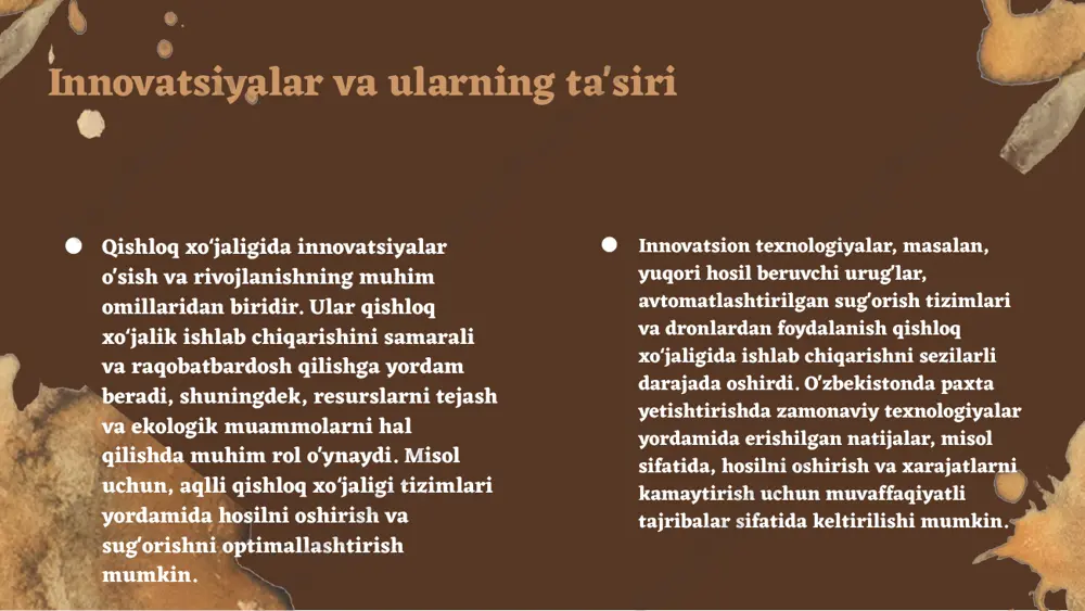 esa qishloq aholisining daromadlarida 25% ga o'sishga olib keldi. bu o'z navbatida mintaqaviy iqtisodiyotni barqarorlashtirishga va qishloq infratuzilmasini rivojlantirishga xizmat qildi. 3. **swot tahlili**: - **kuchli tomonlar**: innovatsiyalar orqali hosildorlikning oshishi. - **zaif tomonlar**: yangi texnologiyalarni joriy etishda resurslar yetishmasligi. - **imkoniyatlar**: mahsulotlarni eksport qilish va yangi bozorlarni egallash. - **tahdidlar**: iqlim o'zgarishi va qishloq xo'jaligi siyosatidagi noaniqliklar. photo by chahriar hariri on unsplash sanoat sohasidagi islohotlar photo by sigmund on unsplash xulosa mustaqillik yillarida qishloq xoʻjaligi va sanoat sohasida muhim o'zgarishlar ro'y berdi. qishloq xoʻjaligida modernizatsiya jarayoni innovatsion yondashuvlar bilan olib borilib, samaradorlikni oshirishga xizmat qildi. misol uchun, yangi texnologiyalar yordamida hosilni oshirish imkoniyatlari yaratildi. sanoat sohasida esa o'sish ko'rsatkichlari sifatida 2020 yilda sanoat ishlab chiqarishi 5,3% ga o'sdi. qishloq xoʻjaligi va sanoat integratsiyasi resurslar va texnologiyalar almashinuvi orqali kuchaytirildi. raqamli transformatsiya sanoat 4.0 tamoyillarini o'z ichiga oladi, bu esa iqtisodiy o'zgarishlarni tezlashtirib, global raqobatbardoshlikni oshirdi. shuningdek, iqtisodiy o'zgarishlar …