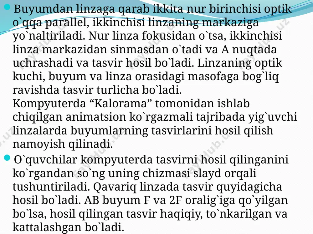 fokus masofasi; d -buyumdan to linzaning markazigacha bo`lgan masofa; f-linzaning markazidan to tasvirgacha bo`lgan masofa. 1/f=d linzaning optik kuchini ifodalaydi. linzaning bosh optik o`qida yotuvchi va uning chap hamda o`ng tomonlarida, shu optik o`qiga parallel bo`lib tushgan nur­larning linzadan o`tib o`zaro kesishadigan nuqtalarini iinzaning oldingi va orqa fokuslari dcyiladi buyumdan linzaga tushayotgan uchta numi qarab chiqamiz. 1 nur linzaning bosh optik o`qiga parallel, linzadan o`tgandan so`ng sinib, uning o`ng tomonidagi f fokusida yig`iladi. 2 nur linzaning bosh optik o`qi bo`ylab to`g`ri o`tadi, sinmaydi. 3 nur esa linzaning oldingi ffokus nuqtasidan o`tib, linzaga tushadi va undan sinib o`tib, bosh optik o`qqa parallel bo`lib ketadi. demak, tasvir bir nuqtadan chiqqan nurlar va har xil yo`llar bilan linzadan o`tgandan so`ng (yoki davomlarining) o`zaro kesishadigan nuqtasida haqiqiy (yoki mavhum) bo`lar ekan. 1-rasm. 1-optik taglik, 2-linza, 3-yorug`lik manbaining himoya qutisi, 4-tok manbai, 5-kondensor, 6-ekran{yoki durbin), 7-buyum o`rnatiladigan tayanch, 8-botiq linzalar, 9-reyter, 10-optik taglikning gorizontalligini rostlovchi …