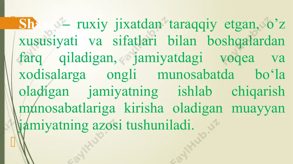 hi, eskining yo'qolib borishi, miqdor o'zgarishining sifat o'zgarishiga o'tishini ifodalaydi. rivojlanishning manbayi qarama-qarshiliklarning o'rtasidagi kurashdan iboratdir. o‘z-o‘zini baholash – o‘z-o‘zini tarbiyalashning muhim mezonidir. o‘z-o‘zini tarbiyalash omillari va mexanizmlariga quyidagilar kiradi: o‘z-o‘zi bilan muloqot (o‘zini konkret tarbiya ob’ekti sifatida idrok etish va o‘zi bilan muloqotni tashkil etish sifatida); o‘z-o‘zini ishontirish ( o‘z imkoniyatlari, kuchi va irodasiga ishonish orqali, ijobiy xulq normalariga bo‘ysundirish); o‘z-o‘ziga buyruq berish (tig‘iz va ekstremal holatlarda o‘zini qo‘lga olish va maqbul yo‘lga o‘zini chorlay olish sifati); o‘z-o‘ziga ta’sir yoki autosuggestiya (ijtimoiy normalardan kelib chiqqan xolda o‘zida ma’qul ustanovkalarni shakllantirish); shaxs tarbiyasiga ta'sir etuvchi omillar. fanda, odamning shaxs sifatida rivojlanishiga biologik va ijtimoiy omillarning ta'siri o'rtasidagi munosabatni belgilashga oid munozara ko'pdan buyon davom etmoqda. insonning shaxs sifatida, rivojlanishida ijtimoiy hodisalarning ta'siri kuchli bo'ladimi? yoki tabiiy omillar yetakchi o'rin tutadimi? balki tarbiyaning ta'siri yuqoridir? ular o'rtasidagi o'zaro munosabat qanday? fanda biologik yo'nalish deb nomlangan nuqtayi nazar yetakchi o'rinlardan birini egallab, …