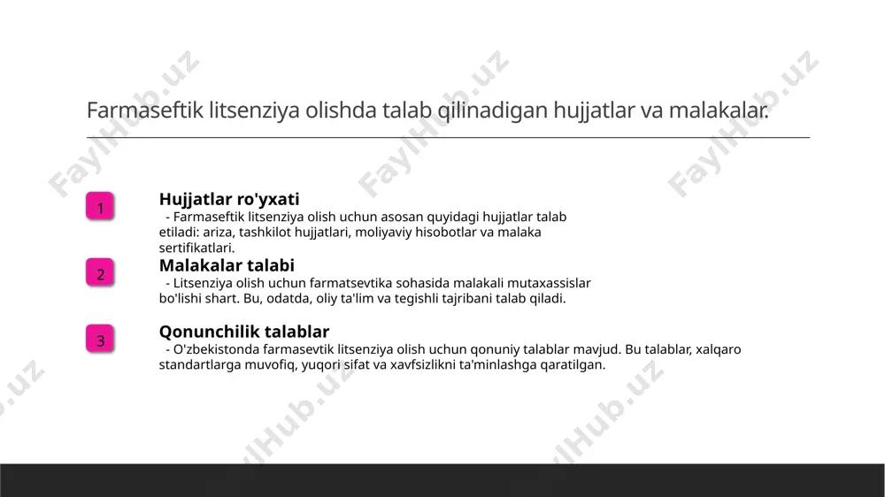 lar va talablar amaliy misollar va tajribalar farmasevtik faoliyat uchun litsenziya olish jarayoni bir necha muhim bosqichlardan iborat bo'lib, hujjatlarni tayyorlash va tasdiqlashni talab qiladi. o'zbekistondagi farmasevtika sohasida litsenziya olishning muhim qonuniy asoslari mavjud bo'lib, ular faoliyatni tartibga solish va nazorat qilishni ta'minlaydi. o'zbekistondagi farmatsevtika litsenziyasi jarayonlari amaliy misollar va tajribalar orqali yanada aniqroq ko'rsatib beriladi, bu esa kelajakda foydali bo'lishi mumkin. e'tiboringiz uchun rahmat! /docprops/thumbnail.jpeg