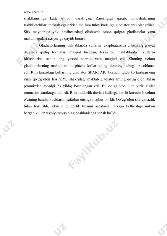ng ilgari qaror topgan xarbiy jismoniy tarbiyasi katta tizimning tush kunligiga sabab bo`ldi. mul-kulchilik noz-ne`matlariga ko`milib qolgan kuldor aslzodalar jismoniy tarbiya vositalari xazinasidan uzlari uchun faqat nozik badan extiyojlarini qoldiradigan elementlarnigina saqlab qoldilar. maxsus kurilgan xashamatli termlarda (cho`miladigan joylardagi) ilik suvlarda cho`milishi eng sevimli mashg`ulot bo`lib qoldi: termlar joylashgan binolarda massaj qildirishlar, yengil gimnastika mashqlari bajarilar va tun uyinlari uynalgan. tomoshalarning yanada rivojlanishi imperiya davridagi rim jismoniy tarbiyasi uchun ayniqsa xarakterli edi. tomoshalarning yanada rivojlanishi tomoshalar soni va kulamining oshishi yo`li bilangina emas, balki ular xarakterining uzgarishi bilan xam-olomonining yaramas niyatlarini kuzgatadigan daxshatli ovunchoqlarga aylanishi yo`li bilan ham bordi. imperator davrining boshlariga kelib (eramizdan avvalgi 1 asrning dastlabki yillarida) tomoshalar jami bo`lib yiliga 66 kun utkazilar edi. eramizning 11 asri o`rtalarida ular uchun endi 135 kun, iv asri yarmida 175 kun ajratilgan. sirk uyinlari kulamini yanada kengaytirib borish bilan bir qatorda (asosan kush gildirakli aravada chopish) gladiatorlik janglari xam g`oyat …
