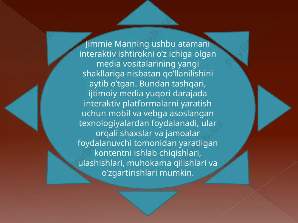 insonlarning mediada mavjud yoki yo’qligi hamda virtual dunyoda va/yoki real dunyoda qayerdaligini bilishni o’z ichiga oladi. virtual dunyoda bunday holat “mavjud” yoki “yashirin” kabi qatorlari orqali sodir bo’ladi. harakatda odamlarning ulanishi ortib borayotganligi hisobiga, mavjudlik funksiyasi haqiqiy va virtual hayotni bog’laydi. ba’zi mavjudlikka asoslangan platformalarda foydalanuvchilar o’zlari borgan lokatsiyani belgilashlari va bu orqali ularga ergashuvchilar ularni oson topishlari mumkin. e’tiboringiz uchun raxmat! image2.jpeg image3.jpeg image4.jpeg image5.jpeg image6.png image7.png