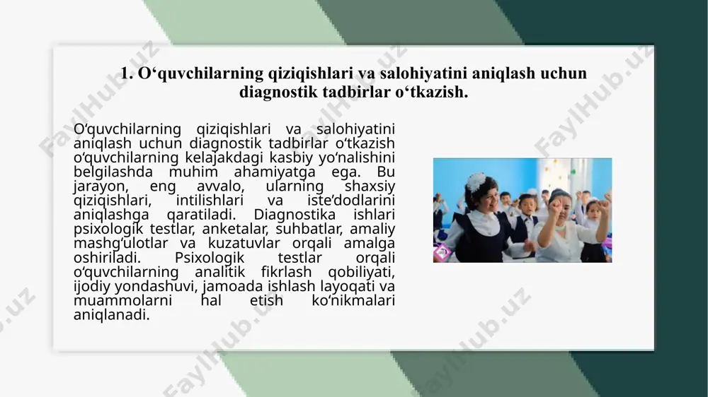 uvchilarni mahalliy korxonalar va kasb-hunar markazlariga tashrif buyurtirish orqali amaliy tanishtirish. o‘quvchilarni mahalliy korxonalar va kasb-hunar markazlariga tashrif buyurtirish orqali amaliy tanishtirish – bu ularning nazariy bilimlarini real ish muhitida mustahkamlashga xizmat qiladi. ushbu tashriflar orqali o‘quvchilar turli kasblarning amaliy jihatlari, ish tartibi, zarur ko‘nikmalar va ish sharoitlari bilan bevosita tanishadilar. bu esa ularning kasbga bo‘lgan qiziqishini oshirish, o‘zini o‘sha sohaga moslashtirish yoki aksincha, boshqa yo‘nalishga qiziqish bildirishi uchun muhim ahamiyat kasb etadi. mahalliy korxonalarga tashriflar davomida o‘quvchilar ishlab chiqarish jarayonini kuzatishadi, turli texnika va uskunalar bilan tanishishadi, mutaxassislar bilan muloqot qilib, kasbga oid savollariga javob olishadi. kasb-hunar markazlarida esa ularga qisqa ma’lumotlar, kasbiy ko‘nikmalarni rivojlantirishga qaratilgan mahorat darslari, interaktiv treninglar tashkil etiladi. ayrim hollarda o‘quvchilarga qisqa muddatli amaliy mashg‘ulotlar ham o‘tkaziladi. bunday tashriflar natijasida o‘quvchilar nazariy bilimlarini amaliyot bilan bog‘laydi, kasbga bo‘lgan munosabati shakllanadi va o‘z oldiga aniq maqsad qo‘yishga intiladi. shu bilan birga, ularning motivatsiyasi oshadi va kasbiy …