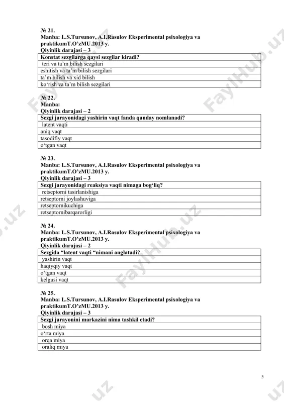 g‘i, nerv yo‘llari va bosh № 33. manba: l.s.tursunov, a.i.rasulov eksperimental psixologiya va praktikumt.o’zmu.2013 y. qiyinlik darajasi – 2 idrok xususiyatlariga ko‘ra psixologiyada nima sifatida o‘rganiladi? bilish jarayoni psixologik xolat individual xususiyat irsiy qonuniyat № 34. manba: l.s.tursunov, a.i.rasulov eksperimental psixologiya va praktikumt.o’zmu.2013 y. qiyinlik darajasi – 2 aks ettirishdan yaxlit aks ettirish umumlashtirib aks ettirish bilvosita aks ettirish aks ettirishdan № 35. manba: l.s.tursunov, a.i.rasulov eksperimental psixologiya va praktikumt.o’zmu.2013 y. qiyinlik darajasi – 2 idrokning yuqori bosqichi nima deb nomlanadi? apperseptsiya geloappersepsiya monoappersepsiya sitoappersepsiya № 36. manba: l.s.tursunov, a.i.rasulov eksperimental psixologiya va praktikumt.o’zmu.2013 y. qiyinlik darajasi – 1 idrok jarayonida aks ettirish qanday bo‘ladi? yaxlit aniq bo‘lib-bo‘lib qisimlarga ajratib № 37. manba: l.s.tursunov, a.i.rasulov eksperimental psixologiya va praktikumt.o’zmu.2013 y. qiyinlik darajasi –3 idrokning muayyan shakllari qaysi qatorda to‘g‘ri keltirilgan? vaqt, harakat va fazo predmet, harakat va fazo vaqt, harakat va odam vaqt, zamon va fazo № 38. manba: l.s.tursunov, …