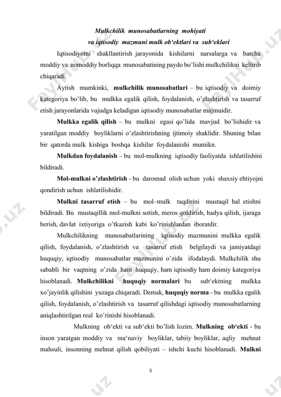 chilik huquqlari – bu mulk sub‘ektining mulk ob‘ektiga nisbatan munosabati bo’lib, mulkdan foydalanish va nazorat qilish yuzasidan hosil bo’ladigan huquqlar majmuidir degan ta‘rifni berish mumkin. mulkchilikning turli shakllari va ularning iqtisodiy mazmuni ma‘lumki, moddiy ne‘matlar ishlab chiqarish mulkchilik munosabatlarisiz amalga oshirilmaydi va jamiyatning rivojlanishi ham mulkka egalik qilishni talab qiladi. hozirgi bozor iqtisodiyoti sharoitida mulkchilik munosabatlariga quyidagi mulk turlari kiradi: 1. davlat mulki; 2. ishlab chiqarish, xizmat ko’rsatish va matlubot sohalaridagi jamoa mulkining xilma-xil turlari; 3. ijtimoiy tashkilotlar mulki; 4. uy xo’jaligi va shaxsiy tomorqa xo’jaligi mulki; 5. yakka tatibdagi mehnat faoliyati bilan bog’liq bo’lgan mehnatkashlarning shaxsiy mulki; 6. tashqi iqtisodiy munosabatlar sohasidagi aralash mulk shakllari; 7. xususiy mulklardan iboratdir. “o’zbekiston respublikasining mulkchilik to’g’risida”gi qonunida turli-tuman mulklar quyidagi mulk shakllariga kiritilgandir: 1. davlat mulki; 2. jamoa mulki; 3. xususiy mulk; 4. shaxsiy mulk; 5.aralash mulk. mulkchilik shakllari _______________________________↓______________________________ ↓ ↓ davlat mulki - mulk deb hisoblangan narsalarni davlat tomonidan bajarish …