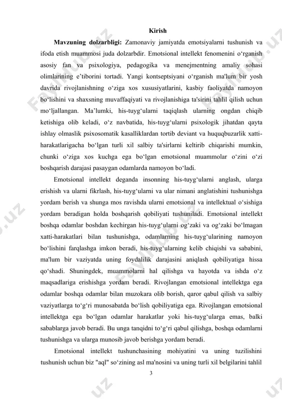obekti: shaxslarning emotsional munosabatlari. kurs ishining predmeti: shaxs emotsiyasini korreksiyalash metodlari va dasturlari. kurs ishining metodologik asosi: tadqiqotning metodologik asosini i.karimovning sog‘lom avlodni tarbiyalash xususidagi asarlari g‘oyalari, prezidentimiz sh.m. mirziyoevning barkamol avlodni tarbiyalashga oid fikr -mulohazalari tashkil qildi. shuningdek, muammoga oid xorij va o‘zbek psixologlarining nazariy metodologik ma’lumotlari va g‘oyalari, i.v.dubrovina, x.y. liymets, yu.l.sierd , e.g‘.g‘oziev, m.g.davletshin, g.b.shoumarov, sh.r. baratov, b.rdodirov, r.z.gaynutdinov, v.m.karimova, n.a.sog‘inovlarning talim sohasida ijtimoiy psixologik trening tashkil qilish bo‘yicha fikr va nazariyasi tadqiqotimizning metodologik negizidir. kurs ishining tuzilishi va xajmi: kirish, 2 bob, 4 bo‘lim, xulosa, foydlanilgan adabiyotlardan iborat. jami 33 sahifadan tashkil topgan. 4 i bob emotsiya turlari va funksiyalari. 1.1 emotsiya haqida tushuncha. hissiy xolatlarning nerv-fiziologik asoslari. emotsiya – shaxsning voqelikka o‘z munosabatini his qilishidan kelib chiqadigan, uning ehtiyoj va qiziqishlari bilan bog‘liq bo‘lgan yoqimli yoki yoqimsiz kechinmalaridir. affekt – sub’ekt uchun dolzarb bo‘lgan hayotiy sharoitlarining keskin va kutilmaganda o‘zgarishi bilan bog‘liq ravishda paydo bo‘ladigan …