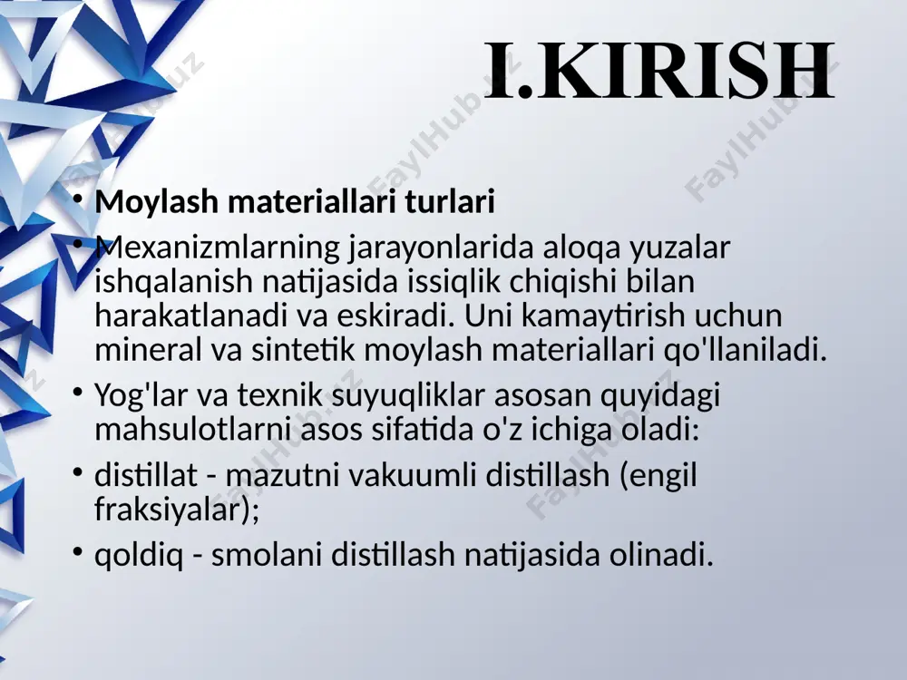 shqari bosim xususiyatlarining kombinatsiyasi. asosiy ko'rsatkich - suyuqlik qatlamlari orasidagi oqimga qarshilikni tavsiflovchi viskozite (dinamik yopishqoqlik, pa ∙ s). yana bir xarakteristikasi - kinematik viskozite, u o'z og'irligi ostida suyuqlikning viskozimetr kapillyaridan o'tish tezligidan aniqlanadi. u m bilan o'lchanadi2/bilan. yog 'uchun yopishqoqlik o'zgarishining haroratga bog'liqligi ayniqsa muhimdir. u yopishqoqlik indeksi orqali baholanadi. termal oksidlanish barqarorligi - yupqa yog 'qatlamini lak plyonkasiga aylantirish vaqti bilan tavsiflangan yog'ning antioksidant xususiyatlarining ko'rsatkichi. u qanchalik baland bo'lsa, mahsulot shunchalik yaxshi bo'ladi. oksidlanish jarayoni 50-60 ga qizdirilganda boshlanadi oc. 250 dan intensivlik sezilarli darajada oshadi oc. shu bilan birga, moy qorayadi va uning fizik-kimyoviy xossalari o'zgaradi. dvigatel moylarining tasnifi ishlash xususiyatlariga ko'ra motor moylari dvigatellar uchun guruhlarga bo'linadi: a - majburiy bo'lmagan karbüratör (bir nechta qo'shimchalar). b - kam quvvatli (3-5% qo'shimchalar). v - o'rta majburiy (8% gacha qo'shimchalar). g - yuqori tezlikda (8-12% ko'p funktsiyali qo'shimchalar). d - yuqori tezlashtirilgan, og'ir yuklangan dizel dvigatellari …