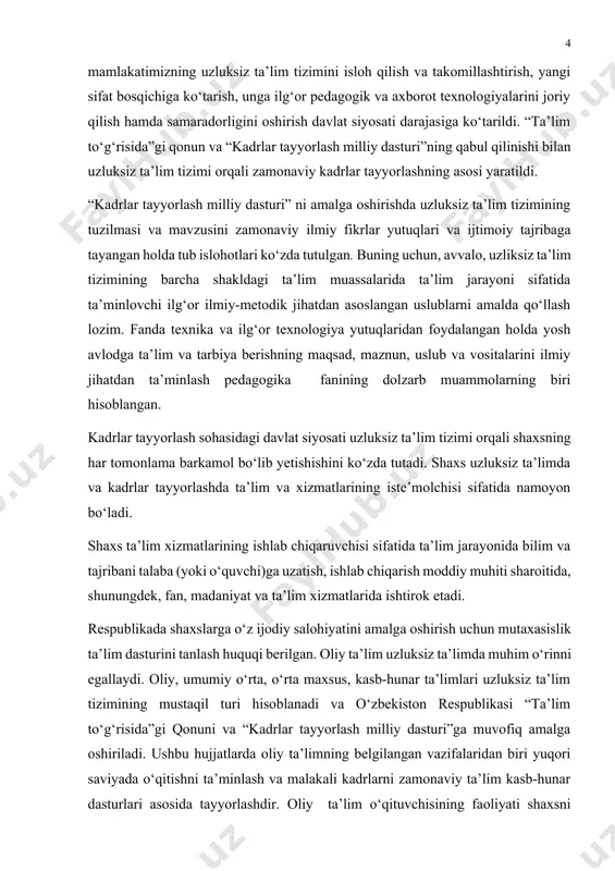 aratish va undan o‘quv jarayonida foydalanib o‘quvchilarning fikrlash qobiliyatini shakllantirish. fanga bo‘lgan qiziqishlarini oshirish. kurs ish predmeti: umumiy o’rta ta’lim maktablarida “informatika fanlarini o’qitishda multimediyali texnalogiyalar” bobini o’qitish jarayoni. kurs ishi obyekti: umumiy o’rta talim maktabi binosi va shu sohaga doir ko’rgazma materiallar. i.bob multimedia 1.1. multimedia tizimlari va texnologiyalari haqida asosiy tushunchalar "multimedia" termini "multi" — ko’p va "media" — muhit, tashuvchi, muloqot vositasi so’zlaridan tuzilgan. bu so’zlarni o’zbek tiliga “ko’p muxitli” kabi tarjima qilish mumkin multimedia — bu turli kompyuter texnologiyalarining to’plami bo’lib, unda turli shakldagi va ko’rinishdagi ma’lumotlar, masalan, grafika, tekst, video, fotografiya, xarakatlanuvchi obrazlar (animatsiya), ovozli effektlar qo’llaniladi. qoidaga ko’ra multimedia deganda interaktiv dasturiy ta’minot orqali boshqariladigan vizual va audio effektlarning birgalikda qo’llanilishi tushuniladi. “multimedia” tushunchasiga bir qancha misol keltiramiz: · multimedia (multimedia) – bu zamonaviy kompyuterli axborot texnologiyalari bo’lib, u kompyuter sitemasida tekst, ovoz, videotasvir, grafik tasvir va animatsiya (multiplikatsiya) ni birgalikda qo’llash imkonini beradi. …