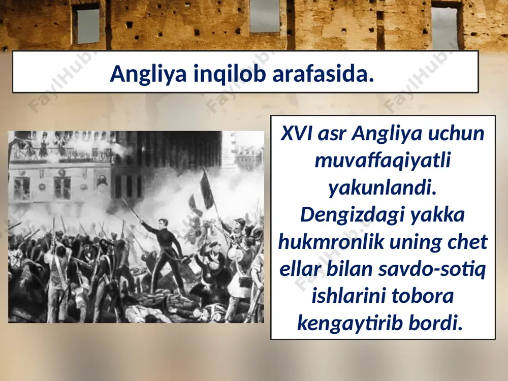 londonning yuz ming aholisi parlamentni himoya qilib ko'chaga chiqdi. yangi dvoryanlarning 5 ming kishilik qurollangan guruhi londonga yuborildi. savol va topshiriqlar 1. angliya burjua inqilobining sabablarini «birinchidan»; «ikkinchidan» degan tartib asosida qayd eting. 2. nega o'rta tabaqa vakillari qirol hokimiyatining butunlay tugatilishini istamagan? 3. inqilob qay tarzda boshlandi? 4. 1642- yilda qirol bilan parlament o'rtasida yuz bergan uzil- kesil ajralishning sabablari haqida nimalarni bilib oldingiz va u qanday natijaga olib keldi? image2.jpeg image3.jpeg image4.jpeg image5.jpeg image6.jpeg image7.jpeg image8.jpeg image9.jpeg image10.jpeg image11.jpeg image12.jpeg image13.jpeg image14.jpeg image15.jpeg image16.jpeg image1.jpeg /docprops/thumbnail.jpeg