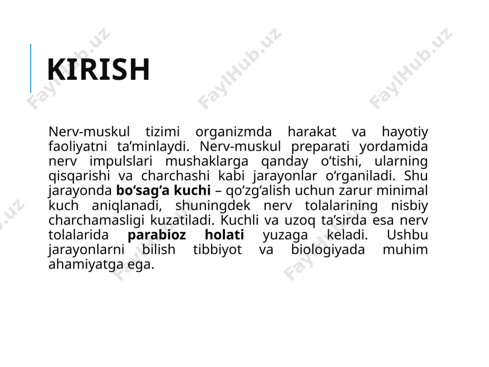 ibsizlashadi. kuchli ta’sirlarga javob bermasligi mumkin, lekin kuchsiz ta’sir javob chaqiradi. bu fazada nerv reaksiyalari “teskari” bo‘lib qoladi. tormozlanish (inaltsiya) fazasi nerv tolasi charchaydi, qo‘zg‘aluvchanlik keskin pasayadi. hech qanday ta’sir javob bermaydi. mushak qisqarishi to‘xtaydi. parabiozning ahamiyati: nerv tizimining moslashuv xususiyatlarini ochib beradi. tibbiyotda nerv kasalliklari, turli stress yoki zaharli moddalarning nerv faoliyatiga ta’sirini tushunishda yordam beradi. fiziologiyada “nerv tormozlanishi” tushunchasini ilmiy asoslab beradi. amaliy ahamiyati: tibbiyotda nerv va mushak kasalliklarini tushunish va davolashda yordam beradi. farmakologiyada dori vositalarining nerv-muskul tizimiga ta’sirini o‘rganishda qo‘llaniladi. sport fiziologiyasida charchash va tiklanish mexanizmlarini tushuntirish uchun asos bo‘ladi. umuman olganda, nerv-muskul preparati orqali olingan bilimlar biologiya, fiziologiya va klinik amaliyotda katta ilmiy va amaliy ahamiyatga ega. xulosa nerv-muskul preparati tajribasi orqali nerv va mushak faoliyatining eng muhim qonuniyatlari o‘rganiladi. bo‘sag‘a kuchini aniqlash qo‘zg‘aluvchanlikning darajasini ko‘rsatib beradi va nerv tolalarining mushaklarga qaraganda nisbatan charchamasligini isbotlaydi. parabioz holati esa nerv tizimining kuchli yoki uzoq davom etuvchi …