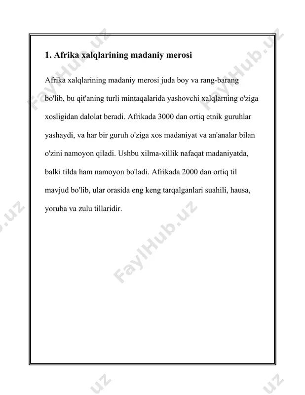 hunday qilib, afrika xalqlarining madaniy merosi katta boylik va yangiligidan iborat. ushbu meros ko‘hna tarix, noyob madaniy amaliyotlar va jahon miqyosida ahamiyatga ega san'at asarlari orqali o‘zining dolzarbligini namoyon etadi. 2. afrika tillari va dialektlari afrika tillari va dialektlari mavzusida ma'lumotlar: afrika qit'asi dunyodagi eng til boy mintaqalardan biri sanaladi. afrikada taxminan 1500 dan 2000 gacha bo'lgan til mavjudligi qayd etilgan. ushbu tillarni bir necha asosiy tillar oilasiga ajratish mumkin, jumladan: afroosiyo tillari, niger-kongo tillari, nil-sahroi tillari va koysan tillari. 1. **afroosiyo tillari:** afroosiyo tillar oilasi afrikaning shimoliy qismida va yaqin sharqda keng tarqalgan. bu til oilasiga arab tili, somal tili, berber tillari, hausa tili va amhar tili kiradi. arab tili afrika shimolidagi ko'plab davlatlarda, jumladan, misr, sudan, marokash, jazoir va tunisda rasmiy yoki nufuzli til sifatida qo'llaniladi. 2. **niger-kongo tillari:** bu eng katta til oilalaridan biri bo'lib, afrikaning janubiy, markaziy va g'arbiy qismlarida keng tarqalgan. bu oilaga yoruba, igbo, …