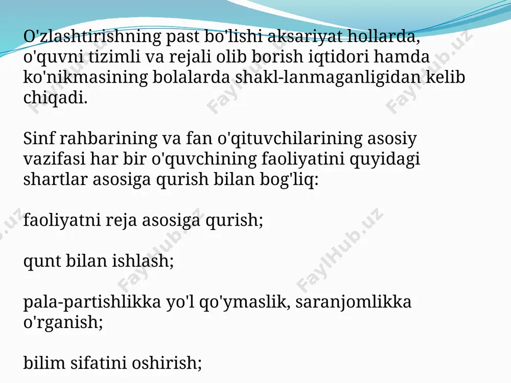 olalarda quyidagi sifat va xususiyatlar bo'rtib turadi: bolaning o'z kiyinishi, yurish-turishi va xatti-harakatlariga befarq qarashi; joriy tartib-intizom va odob qoidalariga o'jarlik bilan rioya qilmaslik; serjahllik, o'zgalarga qo'pol munosabatda bo'lish va hamisha o'zini haq deb hisoblash; o'qituvchilarning so'zlariga kirmaslik; boshqa sinflardagi o'ziga maqbul bolalarga qo'shilishga intilish va hokazo. tarbiyasi og'ir bolalar guruhining tarkib topishiga ko'p hollarda quyidagi subyektiv va obyektiv omillar sabab bo'ladi: 1) oilada ma'naviy va axloqiy muhitning talab darajasida bo'lmasligi; 2) ota-ona yoki oila a'zolari o'rtasida insoniy munosabatlarning buzilganligi; 3) oilada bolaga noto'g'ri tarbiya berish; 4) oilada bolani me'yorsiz erkalatish yoki me'yorsiz taqiqlashning bo'lganligi; 5) oilada qo'ni-qo'shnilar, umuman o'zgalarni bolaning oldida kamsitish yoki g'iybat qilish; 6) maktabgacha ta'lim muassasalarida bolaga noto'g'ri munosabatda bo'lish; ma'lumki, ongli intizom va mas'uliyat hissini sezish maktabda olib boriladigan tarbiyaviy ishlar tizimining samarasi hisoblanadi. bolalarning intizomli bo'lishida sinf rahbarining xizmati katta. u darsda va darsdan tashqari vaqtlarda turli tarbiyaviy usullardan foydalanib, bolalarda intizomni shakillantirib boradi, …