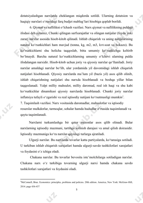 chunki joriy narxlar inflatsiya tufayli o‘zgarishi va real iqtisodiy natijani ko‘rsatmasligi mumkin[footnoteref:2]. [2: mcconnell, brue. economics: principles, problems and policies. 20th edition. america, new york: mcgraw-hill, 2014. page 436-437 ] 7. taqsimlash vazifasi. narx vositasida daromadlar, mahsulotlar va iqtisodiy resurslar mulkdorlar, tarmoqlar, sohalar hamda hududlar o‘rtasida taqsimlanadi va qayta taqsimlanadi. narxlarni turkumlashga bir qator mezonlar asos qilib olinadi. bular narxlarning iqtisodiy mazmuni, tartibga solinish darajasi va amal qilish doirasidir. iqtisodiy mazmuniga ko‘ra narxlar quyidagi turlarga ajratiladi. ulgurji narxlar. bu narxlarda tovarlar katta partiyalarda, ko‘tarasiga sotiladi. u tarkiban ishlab chiqarish xarajatlari hamda ulgurji-savdo tashkilotlari xarajatlari va foydasini o‘z ichiga oladi. chakana narxlar. bu tovarlar bevosita iste’molchilarga sotiladigan narxlar. chakana narx o‘z tarkibiga tovarning ulgurji narxi hamda chakana savdo tashkilotlari xarajatlari va foydasini oladi. xarid narxlari. bu narxlar davlat buyurtmasi bo‘yicha ishlab chiqarilgan tovarlarga belgilanadi. ayrim hollarda bunday narxlarga muayyan ustama va imtiyozlar bo‘lishi ko‘zda tutiladi. dotatsion narxlar. davlat budjeti hisobidan arzonlashtirilgan …