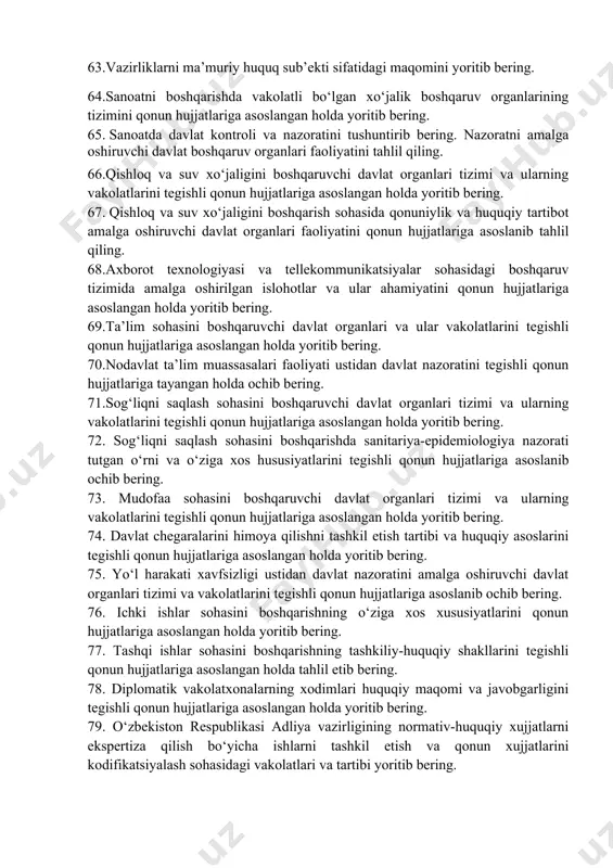 ing o‘zini o‘zi boshqarish organlari ma’muriy huquq sub’ekti hisoblanadimi? fikringizni qonun hujjatlariga asoslangan holda bayon eting. 62.o‘zbekiston respublikasida davlat xizmati bilan bog‘liq ma’muriy-huquqiy munosabatlarni tartibga soluvchi qonun hujjatlarini yoritib bering. 63.vazirliklarni ma’muriy huquq sub’ekti sifatidagi maqomini yoritib bering. 64.sanoatni boshqarishda vakolatli bo‘lgan xo‘jalik boshqaruv organlarining tizimini qonun hujjatlariga asoslangan holda yoritib bering. 65. sanoatda davlat kontroli va nazoratini tushuntirib bering. nazoratni amalga oshiruvchi davlat boshqaruv organlari faoliyatini tahlil qiling. 66.qishloq va suv xo‘jaligini boshqaruvchi davlat organlari tizimi va ularning vakolatlarini tegishli qonun hujjatlariga asoslangan holda yoritib bering. 67. qishloq va suv xo‘jaligini boshqarish sohasida qonuniylik va huquqiy tartibot amalga oshiruvchi davlat organlari faoliyatini qonun hujjatlariga asoslanib tahlil qiling. 68.axborot texnologiyasi va tellekommunikatsiyalar sohasidagi boshqaruv tizimida amalga oshirilgan islohotlar va ular ahamiyatini qonun hujjatlariga asoslangan holda yoritib bering. 69.ta’lim sohasini boshqaruvchi davlat organlari va ular vakolatlarini tegishli qonun hujjatlariga asoslangan holda yoritib bering. 70.nodavlat ta’lim muassasalari faoliyati ustidan davlat nazoratini tegishli …