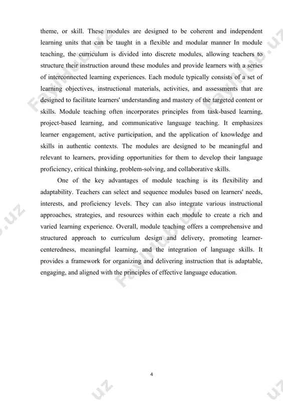 unities for them to develop their language proficiency, critical thinking, problem-solving, and collaborative skills. one of the key advantages of module teaching is its flexibility and adaptability. teachers can select and sequence modules based on learners' needs, interests, and proficiency levels. they can also integrate various instructional approaches, strategies, and resources within each module to create a rich and varied learning experience. overall, module teaching offers a comprehensive and structured approach to curriculum design and delivery, promoting learner-centeredness, meaningful learning, and the integration of language skills. it provides a framework for organizing and delivering instruction that is adaptable, engaging, and aligned with the principles of effective language education. chapter i understanding module teaching 1.1. definition and conceptual framework definition and conceptual framework refers to the process of clearly defining key terms or concepts and establishing a theoretical framework within which those terms or concepts operate. this process is crucial in …
