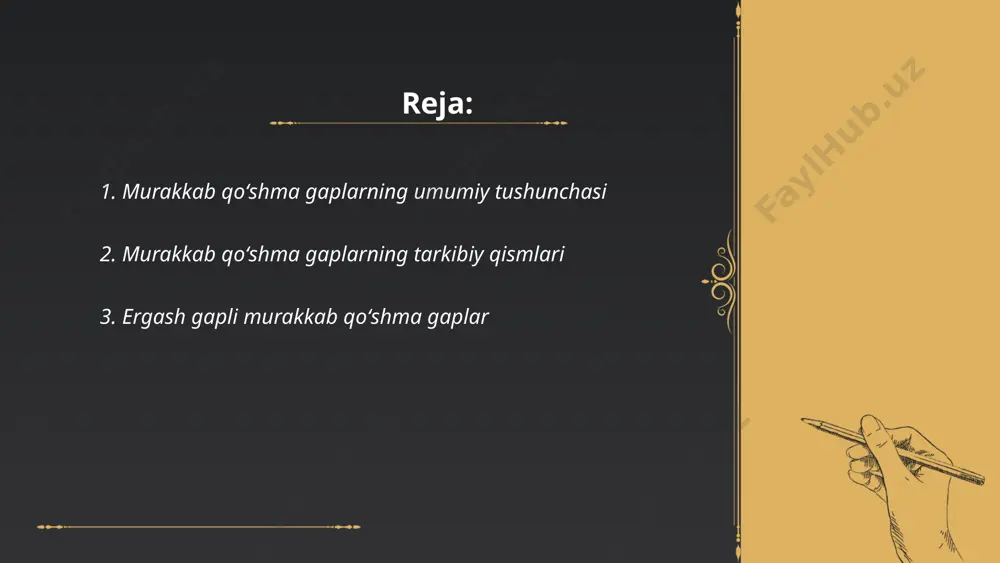 . ergash gaplar bajaradigan vazifalariga ko'ra bir nechta turlarga bo'linadi: ega ergash gap, to'ldiruvchi ergash gap, aniqlovchi ergash gap va qo'shimcha ma'lumot beruvchi ergash gap. odatda, ergash gaplar bosh gapdan vergul yoki kirish so'z orqali ajratiladi. bunday gaplar fikrni yanada aniqroq va batafsil ifodalash imkonini beradi. ... t.me/slaydai_bot 4. bogʻlangan gapli murakkab qoʻshma gaplar bog‘langan gapli murakkab qo‘shma gaplar uzbek tilida alohida gaplar o‘rtasida grammatik bog‘lanish orqali shakllanadi. bunday gaplar asosan bog‘lovchilar yordamida tuziladi, masalan, "va", "lekin", "yoki". har bir qo‘shiluvchi gap o‘z mazmunini saqlab qolar ekan, u bog‘lovchi vositalar bilan bog‘lanib, kontekstga mos keladigan murakkab tuzilmani hosil qiladi. bog‘langan gaplarda komponentlarning o‘zaro bog‘lanishi ularning mazmunini boyitadi va nutqni yanada tushunarli qiladi. ushbu turdagi gaplar ko‘pincha yozma nutqda uchraydi va o‘quvchiga aniqroq ma’lumot yetkazishga yordam beradi. ... t.me/slaydai_bot uyushgan gapli murakkab qoʻshma gaplar turli oddiy gaplarning birlashmasi boʻlib, ularning har biri oʻz mustaqilligini saqlab qoladi. bu gaplar bir-biri bilan bogʻlovchilar …