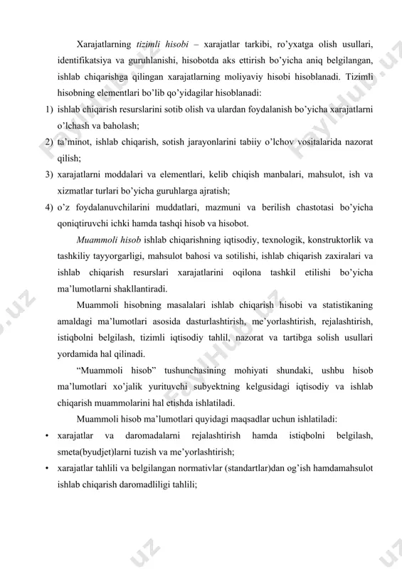 rning tizimli tahlili) va boshqaruv hisobi o’rtasidagi o’zaro bog’liqlik darajasi bo’yicha ikki tizim qo’llaniladi: monistik va avtonom. monistik – buxgalteriya hisobi hisobvaraqlarida to’g’ri va qarama-qarshi aloqadorlik asosida tizimli va muammoli hisobni birlashtirib, yaxlit holga keltiruvchi tizim. tizimli hisob buxgalteriya hisobi hisobvaraqlarida ishlab chiqarish xarajatlarini, tayyor mahsulot va uning sotilishini aks ettirish yo’li bilan xo’jalik yurituvchi subyekt faoliyatini, uning moliyaviy imkoniyatlarini baholash imkonini beradi. ichki hisob-kitob ma’lumotlari asosida moliyaviy axborotlarni to’ldirish orqali ma’muriyat har bir ishlab chiqarish bo’g’inining oqilona tashkil etilganligini baholashi mumkin. moddiy javobgar shaxslarning operativ (tezkor) ma’lumotlari va hisobotlaridan amaldagi standartlardan ijobiy va salbiy farqlanishlar aniqlanadi. shu orqali daromadlar va xarajatlarning amaldagi nazorati tizimini tashkil etishga zamin yaratiladi. ishlab chiqarish hajmi yuzasidan unchalik katta bo’lmagan yoki bir xil turdagi mahsulot ishlab chiqaradigan xo’jalik yurituvchi subyekt yaxlit holga keltirilgan tizimdan foydalanadi. avtonom tizim – tizimli va muammoli hisoblarning alohida-alohida tuzilishi bilan ifodalanadi. moliyaviy va boshqaruv hisobi o’rtasidagi aloqa bir xilda …