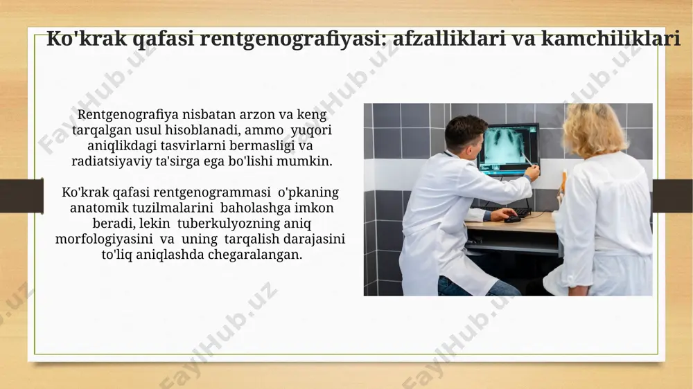 n 60-70%. kompyuter tomografiyasi (kt) yuqori aniqlikka ega bo'lib, tuberkulyozning kichik o'choqlarini aniqlashda sezuvchanligi 90% dan oshadi, ammo radiatsiya dozasi yuqori va narxi qimmat. radiologik tekshiruv natijalarini boshqa diagnostika usullari bilan solishtirish ko'krak qafasi rentgenografiyasi sifillik yoki pnevmoniya kabi boshqa kasalliklarni tb dan farqlashda past aniqlikka ega bo'lib, taxminan 15-20% hollarda noto'g'ri tashxis qo'yish mumkin. kompyuter tomografiyasi (kt) yuqori aniqlikka ega bo'lsa-da, yuqori narxi va nurlanish dozasi tufayli tbning birlamchi skrining usuli sifatida rentgenografiyaga nisbatan kam qo'llaniladi. tuberkulezning turli shakllarini aniqlashda radiologik usullar samaradorligi ko'krak qafasi rentgenografiyasi o'pka tuberkulyozining 80% gacha holatlarini aniqlash imkonini beradi, ammo milliar tuberkulyoz kabi shakllarni aniqlashda sezgirligi past. magnit-rezonans tomografiyasi (mrt) o'pka tuberkulyozining diagnostikasida kam qo'llaniladi, ammo plevral effuziya va o'murtqa tuberkulyoz kabi murakkab holatlarni aniqlashda foydali bo'lishi mumkin. turli radiologik usullarni taqqoslash magnit-rezonans tomografiyasi (mrt) tuberkulyoz bilan bog'liq yallig'lanish jarayonlarini baholashda yuqori sezuvchanlikka ega, ayniqsa o'pka atrofidagi limfa tugunlarining ta'sirlanishini aniqlashda foydali bo'ladi. ko'krak …