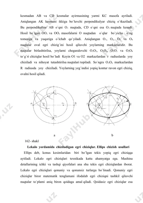 gi nuqtalardan ellipsning kichik (cd) o’qiga parallel qilib chiziq o’tkaziladi, kichik aylanadagi nuqtalardan esa ellipsning katta o’qi (ab) ga parallel chiziq o’tkaziladi. bu parallel chiziqlar o’zaro kesishib, ellipsning nuqtalarini hosil qiladi. aniqlangan nuqtalar lekalo yordamida ketma-ket birlashtiriladi va tekis egri chiziq (ellips) hosil bo’ladi. 163 – shakl. a b c 163 – shakl aylanani teng bo’laklarga bo’lish. aylana diametri shu aylanani teng ikkiga bo`ladi (164- shakl). aylana radiusiga teng yoy bilan uning diametri kesishgan a nuqta orqali aylana kesilsa, aylana teng uchga bo`linadi. hosil bo`lgan 1 va 2 nuqtalar b bilan tutashtirilsa, aylana ichiga chizilgan teng yonli uchburchak yasaladi. aylana radiusiga teng yoy bilan uning diametri kesishgan a va b nuqtalardan aylana kesilsa, u teng olti bo`lakka bo`linadi. hosil bo`lgan 1, a, 2, 4, b, 3 1 nuqtalar ketma-ket tutashtirilsa, aylana ichida teng tomonli oltiburchak yasaladi. 164 – shakl aylananing o`zaro perpendikulyar bo`lgan ikkita diametri shu aylanani teng to`rt qisimga …