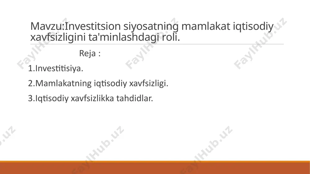 l investitsiya — moddiy ishlab chiqarish (sanoat, qishloq xoʻjaligi, qurilish va b.) sohasiga, moddiy-ashyoviy faoliyat turlariga uzoq, muddatli mablagʻlar qoʻyish shakllarida amalga oshiriladi. jahon tajribasida investitsiyani moliyalashtirish turli usul va shakllarda, shu jumladan, korxonalarni aksiyadorlashtirish va aksiyalarni joylashtirish, byudjet mablagʻlari, bank kreditlari, lizing, bevosita chet el investitsiyalari, ipoteka, byudjetdan tashqari maxsus fondlar, amortizatsiya va xoʻjalik yuritish subʼyektlarining boshqa mablagʻlari hisobiga amalga oshiriladi. investitsiya turlari bilimga qilingan investitsiya ko’chmas mulkka qilingan investitsiya aksiya yoki qimmatli qog’ozlarga qilingan investitsiya kriptovalyutaga qilingan investitsiya biznesga qilingan investitsiya 2 . taraqqiyotning hozirgi bosqichida mamlakatlarning iqtisodiy xavfsizligi muhim ahamiyat kasb etadi. negaki, iqtisodiyotning xavfsizligi holati turli ijtimoiyiqtisodiy qarorlar qabul qilishda orientir bo’lib xizmat qiladi. iqtisodiy tizimdagi har qanday o’zgarishlar turli xavf-xatar va tahdidlarning namoyon bo’lishi bilan birga kechadi. shuning uchun ham mamlakat iqtisodiy xavfsizligini ta’minlash, unga bo’ladigan turli tahdidlarning oldini olish masalasi yuzaga keladi. o’zbekiston respublikasi birirnchi prezidenti i. karimovning «o’zbekiston xxi asr bo’sag’asida: xavfsizlikka tahdid, …