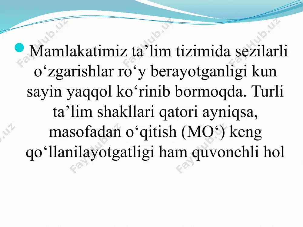 rmoqlari, sputnik, optik to’lqinlar, radioreleylar va axborotlarni uzatishga mo’ljallangan boshqa turdagi aloqa kanallari). multimedia texnalogiyalari o’z navbatida audio va video texnalogiyalarga ham bo’linadi . audio ya’ni eshitish , tovush chiqarish , tovush yozib oluvchi , va shunga o’hshash ishlarni amalga oshiruvchi texnalogiyalar kiradi . video texnalogiyalar bu animatsiya efektlarini o’zida mujassamlashtirgan foydanaluvchilarga rang tasvir orqali malumotlarni yetkazuvchi texnalogiyadir . bugungi kunda maktablarda quyidagilarni uchratish mumkin: ovoz yozib olish va ularni tinglash uchun vositalar(elektrofonlar, magnitofonlar, cddan o’quvchilar); telefon, telegraf va radio aloqa vositalari va tizimlari(telefon apparatlari, faksimil apparatlari, teletayplar, telefon stansiyalari, radioaloqa tizimlari); • televidenie, radioeshitirish(tele- va radiopriyomniklar, o’quv televidenie va radio, dvd) tizimi va vositalari, uchratishimiz mumkin ayniqsa hozirda huhim bo’lgan ingliz tilini o’rganuvchilar uchun audio va tele o’qitishlar muhim ahamiyat kasb etmoqda . texnik vositalarning ta’lim tizimiga kirib kelishi ta’limiy faoliyatda axborotlarni ovozli, matnli, foto va video tasvirlar tarzida taqdim etish imkonini yaratdi. bunday vositalarga ko’p hollarda murakkab texnik …