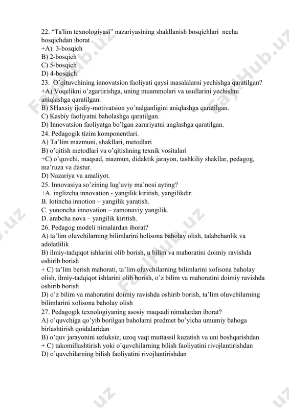 olish b) ijodiy yondashuv +c) qismlardan tuzilgan, birikkan yaxlit narsa yoki hodisa d) o’quvchilarning bilish faoliyatini rivojlantirish 33. pedagogik tizim nimalardan iborat? a) o’quvchilarning bilish faoliyatini rivojlantirish + b) pedagogik jarayonning obg’ektlari va sub’ektlari, shakl - usullari, ular o’rtasidagi munosabatlar, o’zaro ta’sirlar hamda ularni boshqarishdan c) gaplarni yozib, saqlab olish, ijodiy yondashuv, bilim berishdan d) tankidiy-ijodiy yondashuv, o’zaro ta’sirlar 34. reproduktiv darajasi uchun pedagogik texnologiya usulida ta’lim - qanaqa jarayon sifatida tashkil etiladi? +a) takror ishlab chiqiladigan konveyerli jarayon b) harakatning yangi usullarini topish jarayoni c) mustaqil o’zlashtirish jarayoni d) ijodiy yondashuv jarayoni 35.tanqidiy – ijodiy yondashuv mohiyatini ko’rsating? +a) mustaqil o’zlashtirish, xarakatning yangi usullarini topish, shaxsan tashabbus ko’rsatishni ko’zda tutadi b) harakatlar, ovozlar va gaplarni yozib, saqlab olish c) shakllar va chizuvlar, matnli belgi, ovozli belgi d) harakatning yangi usullarini topish, gaplarni yozib, saqlab olish 36.qaysi tushuncha ehtiyoj, intilish, qiziqish kabi mahnolarni anglatadi? a) maqsad b) baholash c) mazmun …