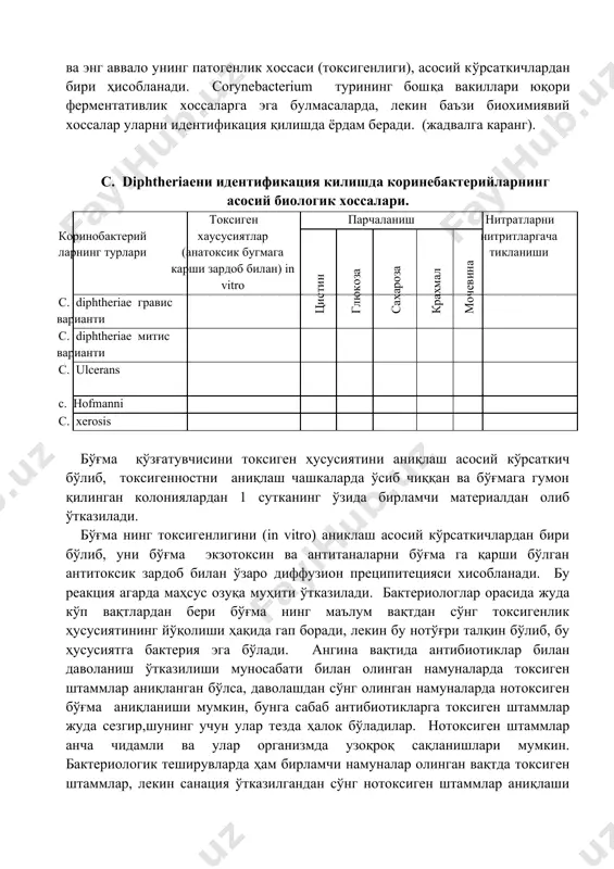 ни хосил қилади; intermedius варианти майда, ясси, силлиқ s типдаги колония хосил қилади. c. diphtheriaeнинг фильтирланадиган формалари ёзилган. коринобактерия бўғма нинг gravis и mitis варианларинг культурал- биохимиявий хоссалари йўриқномада берилган, intermedius варианти кам учраганлиги ва крахмални ферментациялаши mitis вариантига ўхшаш. шуни таъкидлаш лозим-ки gravis и mitis токсиген штаммлар орасида клиник белгилари ва культурал- биохимиявий ҳусусиятлари буйича куринарли фарклар мавжуд эмас. охирги йилларда бўғма ёши катта инсонларнинг c. diphtheriaeнинг биохимик mitis варианти билан касалланиши, катта ёшдаги ахоли уртасида касалликнинг юзага келишига сабаб була олмайди. бўғма га каршиантитоксик иммунитетнинг мавжудлига бунга сабаб булади. c. diphtheriaeнинг gravis варианти 48 соатдан сунг теллуритли конли агарда с. ulceransга ухшаш- кора, хира четлари нотекис булган колониялар хосил килиб усади, с. hofmanniни четларида оч рангли айлана хосил килади. корнобактерий туридаги микроорганизмларни бактериологияла уларнинг морфологик ҳусусиятларига караб идентификация килиш мумкин эмас (шакли, буялиши). морфологик хоссаларига қараб бактериологик идентификация килиш натижасида 55% то 45% гача гипердиагностика булган холатлар мавжуд. …