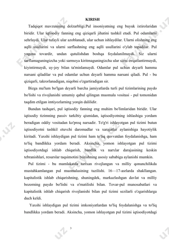 ika qo‘mitasining statistik ma’lumotlari, respublikamizdagi davriy nashrlar, amaldagi qonunlar, o‘zbekiston respublikasi hukumati qarorlari va boshqa me’yoriy hujjatlardan foydalanildi. tadqiqotning maqsadi va vazifalari. maqsadyakuniy malaka ish jahon valyuta tizimlari, shuningdek, ayrim rivojlangan davlatlarning pul tizimlarining nazariy asoslarini, rivojlanishi va takomillashtirishni o‘rganish, pul muomalasini tartibga solishni yanada takomillashtirish bo‘yicha takliflar ishlab chiqishdan iborat. uchun ushbu maqsadga erishish uchun quyidagi vazifalar belgilandi: • pul tizimining nazariy va iqtisodiy asoslarini umumlashtirish, ularning rivojlanish tarixi va ularni tartibga solishning huquqiy asoslarini o‘rganish; • pul tizimining hozirgi holatining tahliliy jihatlarini ochib berish; • o‘zbekiston respublikasi va rivojlangan mamlakatlar pul tizimlarining qiyosiy tavsiflarini tahlil qilish; • o‘zbekiston respublikasining pul-kredit siyosatini, ko‘rilayotgan chora-tadbirlar samarasini ko‘rib chiqish va ularni yanada takomillashtirish yo‘llarini ko‘rsatish. tadqiqot predmeti dunyo mamlakatlarida rivojlanayotgan pul tizimlari va ularni iqtisodiy sharoit va iqtisodiy rivojlanish ehtiyojlariga muvofiq takomillashtirishdan iborat. tadqiqot ob'ekti - davlatlar iqtisodiyotida pul-kredit tartibga solish sxemalarini amalga oshirish jarayonida iqtisodiy munosabatlar. amaliy ahamiyati. tadqiqotda olingan …