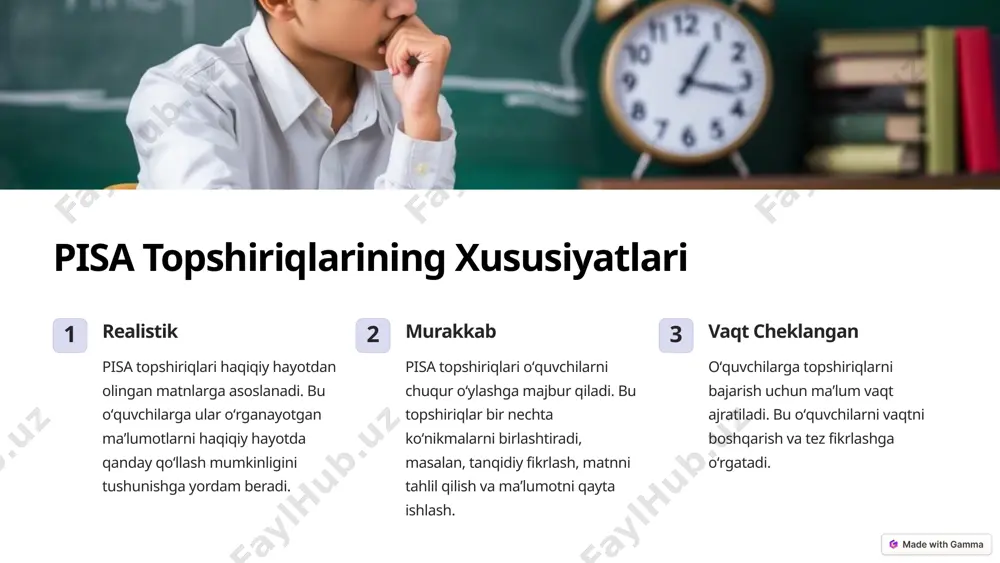 lar oʻquvchilarning bilimlari oʻquvchilarning oldingi bilimlari va koʻnikmalari hisobga olinmagan. matnning qiyinchiligi topshiriq uchun tanlangan matn oʻquvchilarning darajasiga mos kelmaydi, juda oson yoki juda murakkab. savolning aniqligi topshiriqdagi savollar aniq va tushunarli emas, oʻquvchilar savolni tushunishda qiynaladi. vaqt cheklanganligi oʻquvchilarga topshiriqni bajarish uchun etarli vaqt ajratilmagan. 8 pisa matnlarini ishlatish: yakuniy fikrlar pisa matnlari oʻquvchilarni real hayotdagi muammolarni hal qilishga tayyorlash uchun ajoyib resursdir. ular oʻquvchilarning tanqidiy fikrlash, matnni tahlil qilish va maʼlumotni qayta ishlash koʻnikmalarini rivojlantirishga yordam beradi. pisa matnlari bilan ishlashda oʻquvchilarning yosh xususiyatlari va bilimlarini hisobga olish, topshiriqlarni qiziqarli va tushunarli qilish muhimdir. 9 image1.png image2.png image3.png image4.png image5.png image6.png image7.png image8.png image9.png image10.png image11.png image12.png image13.png image14.png image15.png image16.png image17.png