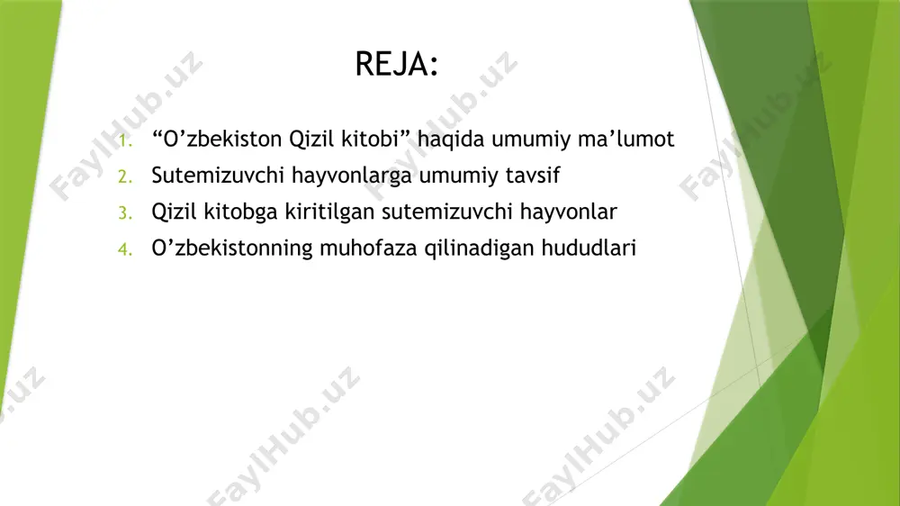 ishlining (hasharotxoʻrlardan) uz. 4 sm, vazni 1,2 g kelsa, quruklikda yashovchi eng yirik hayvon — afrika filining balandligi 4,5 m, vazni 7,5 t ga yaqin. hozirgi hayvonlar orasida eng yirigi koʻk kitning uz. 33 m, vazni 150 t. sut emizuvchilar boʻyin umurtqalarining 7 ta boʻlishi, tishlarining har xil tuzilganligi, ular chuqurchalar (alveolalar)da joylashganligi, pastki jagʻi faqat tish suyaklaridan iboratligi, oʻrta qulogʻi boʻshligʻida 3 ta eshitish suyakchasining va soʻlagida kraxmalni parchalovchi ferment borligi bilan boshqa umurtqalilardan farq qiladi. sut emizuvchilarning yumshoq labi ovqatni olish vazifasini bajaradi. ichagi murakkab tuzilgan, baʼzi sut emizuvchilar ning oshqozoni koʻp boʻlmali. oʻpkasi alveolalardan iborat. qor qoploni (ilvirs) panthera uncia yirtqichlar (carnivora) turkumi. mushuklar (felidae) oilasi. buxoro bug’usi (xongul) cervus elaphus juft tuyoqlilar (artiodactyla) turkumi bug’ular (cervidae) oilasi qo’ng’ir ayiq ursus arctos yirtqichlar (carnivora) turkumi ayiqlar (ursidae) oilasi tyan-shan tog’ qo’yi ovis ammon juft tuyoqlilar (artiodactyla) turkumi kavsh qaytaruvchilar (ruminanta) kenja turkumi jayron gazella subgutturosa juft tuyoqlilar …