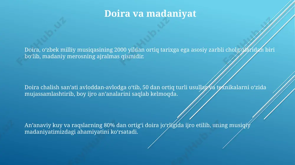 yicha 20 dan ortiq maxsus oʻquv dasturlari mavjud boʻlib, ular turli yosh guruhlari va malaka darajalari uchun moʻljallangan. doyra chalish nafaqat musiqiy qobiliyatlarni rivojlantiradi, balki qoʻl-koʻz muvofiqlashuvi, xotira va ijodiy fikrlash qobiliyatlarini ham 30% ga yaqin oshiradi. doyra chalishni oʻrganish, oʻrtacha 6-12 oy davom etadi va boshlangʻich, oʻrta va yuqori darajalarga boʻlinadi, har bir bosqich turli murakkablikdagi texnikalarni oʻz ichiga oladi. doira tarixi doira yasash an'anasi avloddan-avlodga o'tib, mahorat sirlarini saqlab qolgan hunarmandlar oilalari tomonidan davom ettirilib kelinmoqda, bu esa asbobning noyob akustik xususiyatlarini ta'minlaydi. 16-19 asrlarda buxoro, xiva va qoqon xonliklarida doira ijrochilik maktablari rivojlangan bo'lib, har birining o'ziga xos ijro uslublari va repertuari mavjud edi. doiaraning qadimgi shakllari miloddan avvalgi 1-ming yillikka oid arxeologik topilmalarda uchraydi, bu asbobning tarixini 2000 yildan ortiq ekanligini ko'rsatadi. doira musiqasining ta'siri oʻrtacha 15 daqiqalik doira musiqasini tinglash, stress gormonlari darajasini 20% ga kamaytirib, psixologik xotirjamlikni ta'minlaydi. doira musiqasining ritmik tuzilmalari, taxminan 60 …