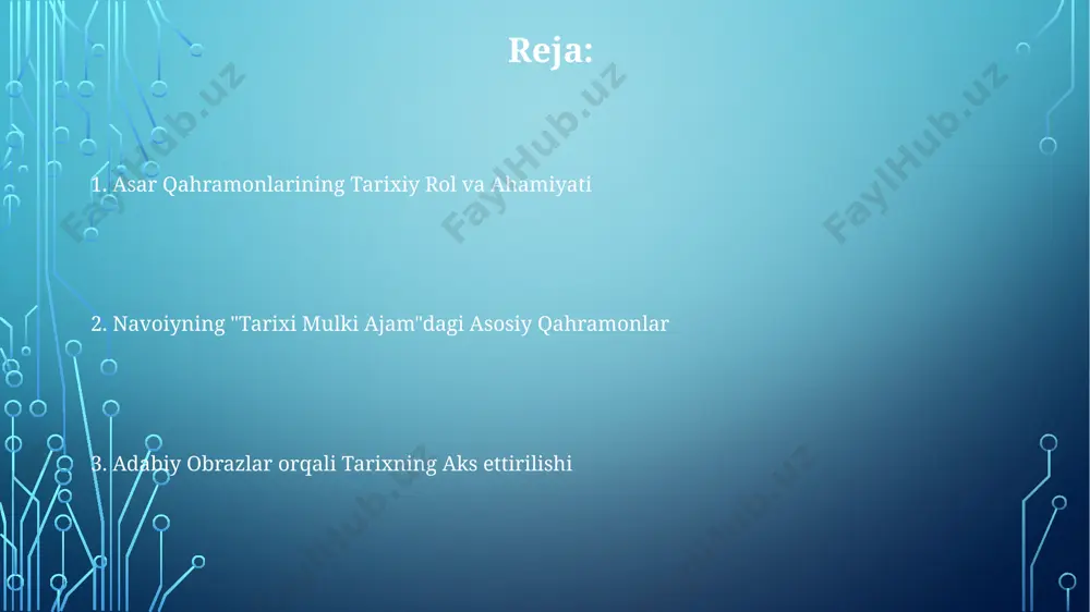 g saltanatlari chegaralari va 60 dan ortiq shaharlarni nazorat qilganligi haqida ma'lumotlar keltirilgan. asarda tilga olingan shohlar va hukmdorlar navoiyning "tarixi mulki ajam" asarida 60 dan ortiq shoh va hukmdorlarning hayoti, 7-asr boshlaridan 15-asr oxirigacha bo'lgan davrni qamrab olgan tarixiy voqealar haqida ma'lumotlar berilgan. asarda sasanilardan keyingi davrda xorazm, tabariston, rey kabi mintaqalarda hukmronlik qilgan 20 dan ziyod amir va maliklarning siyosiy faoliyati batafsil tasvirlangan. amir temur va uning avlodlari haqida "tarixi mulki ajam"da 10 ga yaqin bob ajratilgan bo'lib, ularning movarounnahr va eronni zabt etishdagi harbiy yutuqlari tahlil qilingan. tarixiy shaxslarning siyosiy faoliyati navoiyning "tarixi mulki ajam" asarida 7-asrda xorazmda hukmronlik qilgan, arab xalifaligiga qarshi kurashgan, 673 yilda vafot etgan bir qancha mahalliy hukmdorlarning siyosiy faoliyati batafsil tasvirlangan. asarda 10-asrda tabariston viloyatida saltanat qurgan, buyuk saljuqiylar davlati bilan siyosiy raqobatlashgan al-buyidlar sulolasining hukmdorlari haqidagi siyosiy faoliyatlari haqida ma’lumotlar mavjud. amir temur siyosati, uning 14-asr oxiri – 15-asr boshlarida markaziy …
