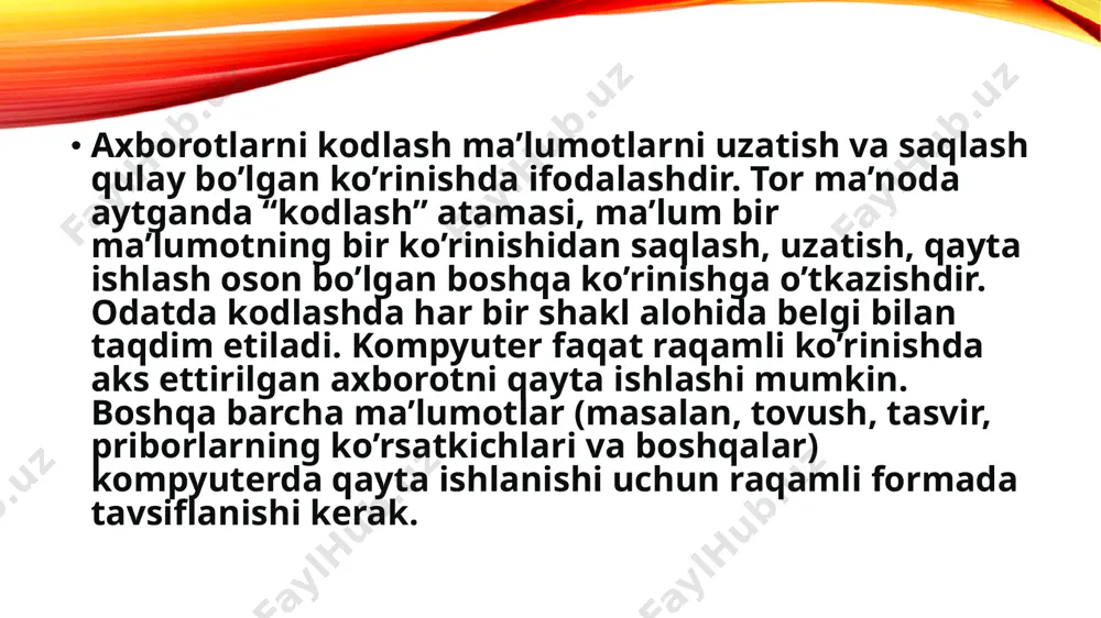 a inson va butun nsoniyat ishlatadigan barcha ko’rinishdagi axborotlarni kodlash zaruriyati paydo bo’ldi. ammo axborotlarni kodlash muammosini yechishni insoniyat kompyuterlar paydo bo’lishidan ancha oldin boshlagandi. insoniyatning olamshumul kashfiyoti –yozuv va arifmetika-nutq va raqamli axborotni kodlash sistemasidan boshqa narsa emasdi. axborot hech qachon sof holatda bo’lmagan, u har doim qandaydir kodlangan ko’rinishda bo’lgan. ikkili kodlash-axborotni ifodalashning keng tarqalgan usullaridan biridir. hisoblash mashinalarida, robotlarda, raqamli dastur boshqaruidagi stanoklarda umumiy qonundagidek, hamma informatsiya , apparat bajaradigan barcha ishlar, ikkilik alfavit so’zlari ko’rinishida kodlanadi. belgili axborotni kodlash. asosiy operatsiya, matnning alohida belgisida bajariladi-belgilarni taqqoslash. simvollarni taqqoslashda eng muhim jihat har bir belgi uchun takrorlanmaslik va bu kodning uzunligi, bevosita kodlash prinsipini tanlash amaliy jihatdan ahamiyatga ega emas. matnlarni kodlashda turli kod jadvallarida foydalaniladi. muhimi, bir yoki bir nechta matnni kodlash va dekodlashda bir jadvaldan foydalanlsa bo’lgani. kodlash jadvali –tarkibida bir qancha tartiblangan kodlanuvchi belgilar obrazi va unga mos ikkilik koddagi belgi bo’lgan jadvaldir. birmuncha …