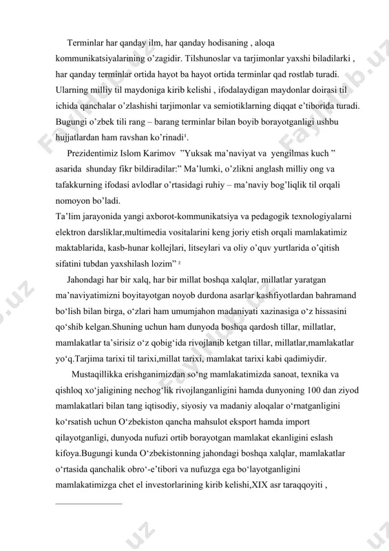 jarmoqda. tarjima inson taraqqiyotida, uning madaniy hayotida juda katta va muhim rol o‘ynaydi.aynan tarjima bir mamlakat yoki qit’a odamlarini boshqa mamlakat odamlarini hayoti, turmush tarzi madaniyati, urf-odati, tarixi, adabiyoti va ilm-fani bilan tanishtiradi.tarjima masalalari o‘ziga xos xarakterga ega bo‘lib kelmoqda.tarjima orqali biz o‘zga madaniyatlarni , o‘zgalar esa buyuk o‘zbek madaniyatini o‘rganib kelishmoqda.agar biz bir-birimizni milliy, madaniy xususiyatlarimizni tezroq va yaxshiroq tushunishni istasak, o‘zga xalqlar asarlarini tarjima qilishimiz zarur bo‘ladi. tarjima so‘zini qamrab olgan ma’no ko‘lami juda kengdir.she’rlar, badiiy asarlar fanning turli jabhalaridagi ilmiy va ilmiy ommabop kitoblar, diplomatik hujjatlar, ish hujjatlari, kishilar suhbati va hakozalar bir tildan ikkinchi tilga tarjima qilinmoqda.albatta, bularni hammasini bog‘lab turgan omil bu tarjimadir. tarjima insoniyatning ma’naviy faoliyati sifatida qadim-qadim zamonlarga borib taqaladi.u (tarjima) ayrim millatlar madaniyati tarixida , qolaversa, dunyo madaniyati tarixida,g‘oyat muhim o‘rin egallagan va hozirda ham egallab kelmoqda.tarjima nazariyasi sohasida a.v.fedorov, t.r.levitskaya, a.m.fiterman, ya.i.retsker, p.i.kopanev, g.r.gachechiladze, a.d.shveytser, l.s.barxudarov, g‘ salomov ko‘p mehnat qilishgan …