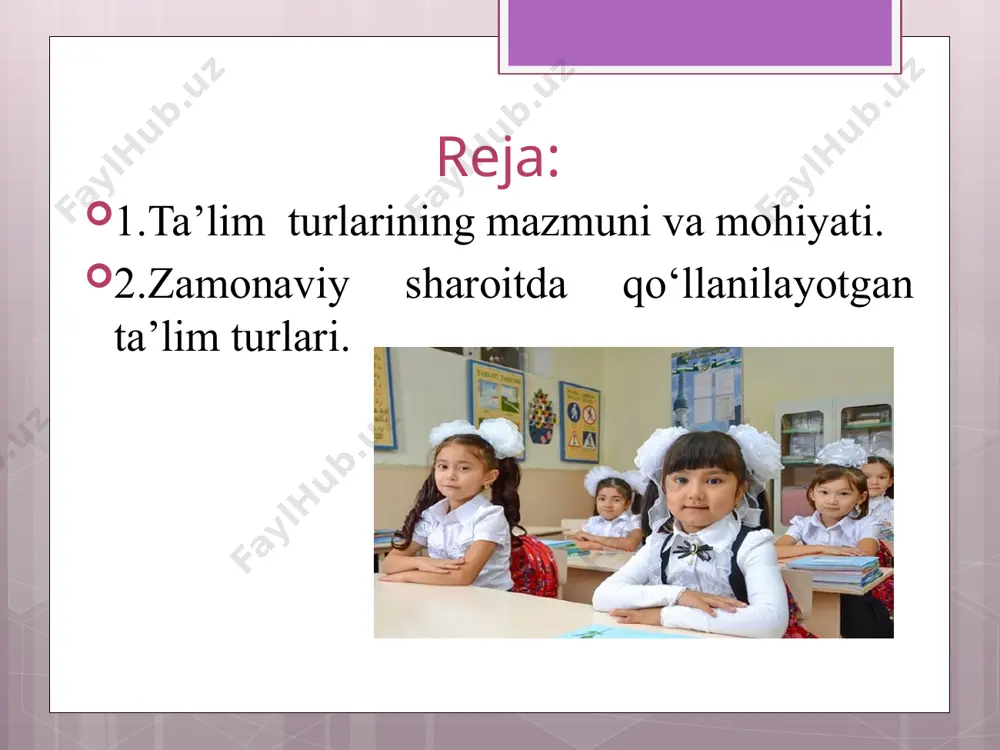 naviyatlilik va intellektuallik xususiyatlariga hamda mazmun mohiyatga ega bo‘lgan. ularning g‘oyalari bo‘yicha o‘z faoliyatlarida bilimlardan faol va ijodiy foydalana oladigan odamgina komillikka erishish mumkin, degan hukmiy fikr shakllangan. «haqiqiy g‘oyalar» deb nom olgan pedagogik tizimning asosiy tayanch nuqtasi haqiqiy bilimlarni o‘zlashtirishdan iborat bo‘lgan. abu ali ibn sinoning «donishnoma» va «bilimlar kitobi» nomli asarlarida ham mazkur muammo yechimiga alohida e’tibor qaratilgan. musulmon mamlakatlarida yoshlarni o‘qitish va tarbiyalashda ular tomondan arab tilida nozil bo‘lgan qur’on karim va hadislarining yod olinishi bilim egallashning asosiy sharti hisoblangan. bulardan tashqari, o‘sha paytda bir qator maktablarda fors tili ham o‘rgatilgan. yoshlar asosiy ta’limni boshlang‘ich maktabda olganlar. ilohiy va muqaddas kitoblarini o‘qish, yodlash va talqin qilish mashg‘ulotlari, shuningdek, boshqa manbalar bo‘yicha ham o‘qish, yozish va hisoblash, tafakkurni shakllantirish faoliyatlari amalga oshirilgan. hozirgi vaqtda, respublikamizda faoliyat yuritayotgan zamonaviy ta’lim muassasalarida ta’limning eng muhim quyidagi uch turidan foydalanilmoqda: • tushuntiruvchi - namoyish etuvchi ta’lim. bu an’anaviy yoki axborot beruvchi …