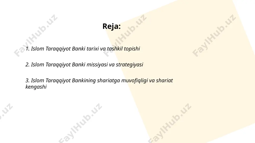gin bilan xaridorga sotadi; to'lov odatda birdan yoki bo'lib-bo'lib, odatiy muddat 1–60 oy; fond ta'minoti talab qilinadi. boshqa tijorat kreditlari: ijara (ijara shartnomasi orqali aktivlardan foydalanish), mudaraba va musharaka (daromad va xatarlarni bo'lishish asosida investitsiya), istisna va salam (maxsus ishlab chiqarish yoki eksport moliyalashtirish), valyuta va kafolatlar, shariat maslahatchisi roziligi va hujjatlashtirish talab qilinadi. ... t.me/slaydai_bot islom taraqqiyot banki mahsulotlari: musharaka va sheriklik asosidagi moliyalashtirish sheriklarning kapital hissa qo‘yishi, foyda va zarar ulushi kelishgan asosda taqsimlanishi, aktivlarga asoslangan operatsiyalar. foyda taqsimoti 50/50 yoki kelishuvga ko‘ra o‘zgaradi. muddati odatda 1–10 yil, sohalari: infratuzilma, qishloq xo‘jaligi, sanoat, mchj va kob. jarayon: moliyaviy va yuridik tekshiruv, shartnoma, monitoring, chiqish mexanizmi (sotish, sarmoya sotib olish, qayta moliyalashtirish). shariatga muvofiqlik majburiy. ... t.me/slaydai_bot ijara (leasing) va aktivlarni moliyalashtirish: 2 asosiy mahsulot — ijara (operativ/finans) va ijara muntahia bittamleek. xususiyatlar: shariah ga mos; bank aktivni sotib olib mijozga ijaraga beradi; ijara muddati 1–10 yil; to'lovlar oylik …