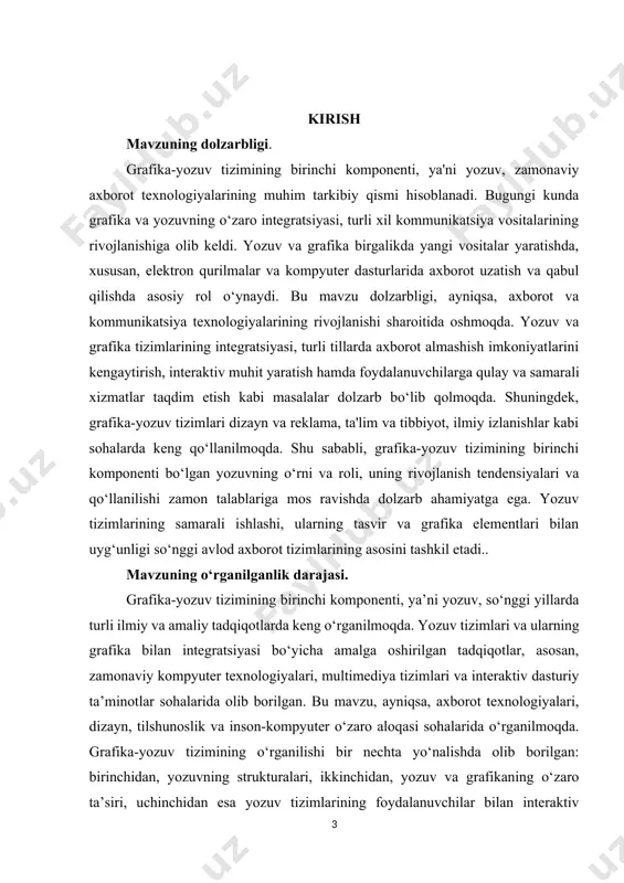 xborotlarni tasvirlash, saqlash va uzatish maqsadida ishlatiladi va u ko‘plab sohalarda, jumladan, axborot texnologiyalari, ta’lim, ilmiy tadqiqotlar va ommaviy axborot vositalarida keng qo‘llaniladi. shu sababli, yozuvning o‘zi va uning turli tasniflari (masalan, matn, harflar, raqamlar) grafika-yozuv tizimining ob’ekti bo‘lib hisoblanadi. predmeti: grafika-yozuv tizimining predmeti esa, yozuvning grafika bilan integratsiyasi va ularning o‘zaro ta’sirini o‘rganishdir. ya'ni, bu tizimda yozuv va grafika elementlarining qanday birlashishi, ularning axborot almashinishdagi o‘rni, foydalanuvchi bilan aloqasi, hamda dizayn, reklama, ta'lim va boshqa sohalarda qanday samarali ishlatilishi predmet sifatida qaraladi. bunday integratsiya turli axborot vositalarining samaradorligini oshirishga xizmat qiladi, shuningdek, yozuv va grafikaning kombinatsiyasi orqali turli tilda va shaklda axborotlarni uzatish jarayonini yanada soddalashtiradi. kurs ishining maqsadi va vazifalari. maqsadi: grafika-yozuv tizimining birinchi komponentining maqsadi — yozuvning grafika bilan integratsiyasini o‘rganish va bu jarayonning axborot almashinuvi, kommunikatsiya va ta’lim sohalaridagi ahamiyatini chuqur tahlil qilishdir. yozuv va grafikaning o‘zaro ta’siri, ularning birlashishi orqali samarali va intuitiv interfeyslar yaratish, …