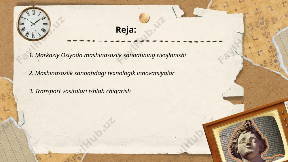 rab oldi. ... t.me/slaydai_bot o'zbekistonda transport vositalari ishlab chiqarish sohasida avtomobil, avtobus va yuk mashinalari ishlab chiqarish muhim ahamiyatga ega. 2022-yil ma'lumotlariga ko'ra, mamlakatda yillik 300 ming dona avtomobil ishlab chiqarish quvvatiga ega korxonalar faoliyat yuritmoqda. asosiy ishlab chiqaruvchi zavodlar orasida gm uzbekistan (hozirgi uzauto motors) ajralib turadi. ushbu zavodda chevrolet va ravon brendli avtomobillar ishlab chiqariladi. shuningdek, samarqandda avtobus va yuk mashinalari ishlab chiqaradigan zavodlar mavjud bo'lib, ular isuzu va man kabi brendlar bilan hamkorlik qiladi. tojikiston va qirg'izistonga eksport hajmi yilda 10 ming donani tashkil etmoqda. transport vositalari ishlab chiqarish sohasida texnologik modernizatsiya davom etmoqda. ... t.me/slaydai_bot 4. mashinasozlik qurilmalarining eksport va import tahlili mashinasozlik qurilmalari eksport va import tahlilida o'zbekiston uchun so'nggi ma'lumotlardan foydalanamiz. 2022 yilda o'zbekistonning mashinasozlik uskunalari eksporti 1,2 milliard aqsh dollarini tashkil etgan, bu ko'rsatkich avvalgi yilga nisbatan 15% o'sishni ko'rsatdi. eksport asosan rossiya, qozog'iston va turkiya kabi mamlakatlarga yo'naltirilgan. shu bilan birga, mashinasozlik …