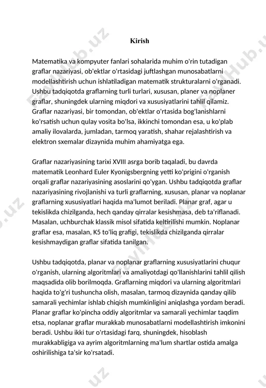 i bilan ishlaydigan algoritmlar mavjud. bu, katta ma'lumotlar to'plamlarida ham samarali ishlash imkoniyatini beradi. planar graflarning qo'llanishi shuningdek, chizilgan xaritalar va grafiklar orqali ma'lumotlarni taqdim etishda ham o'z ifodasini topadi. ular, masalan, transport tarmoqlari va aloqa tarmoqlari kabi tizimlarning vizualizatsiyasida juda foydalidir. planar graflar yordamida muammolarni hal qilish jarayonida, murakkablikni kamaytirish va natijalarni yaxshilash maqsadida analitik metodlar va algoritmlar ishlab chiqilgan. shu bilan birga, planar graflarning o'rganilishi davom etmoqda. ularning xususiyatlari, mumkin bo'lgan qo'llanishlari va turli xil nazariyalar orqali yangi ochilishlar qilish imkoniyatlari mavjud. bunday tadqiqotlar, nafaqat matematik nazariyalar, balki amaliy muammolarni hal qilishda ham katta ahamiyatga ega. xususan, yangi algoritmlarni ishlab chiqish va mavjudlari bilan taqqoslash, planar graflarni yanada chuqurroq o'rganishga imkon beradi. xulosa qilib aytganda, planar graflar o'zlarining noyob xususiyatlari bilan graf nazariyasining ajralmas qismidir. ularning tuzilishi va ranglanishi masalalari nafaqat matematik nazariyalarda, balki amaliy hayotda ham muhim ahamiyatga ega bo'lib, ko'plab sohalarda qo'llanilmoqda. o'zaro aloqalar va murakkab …