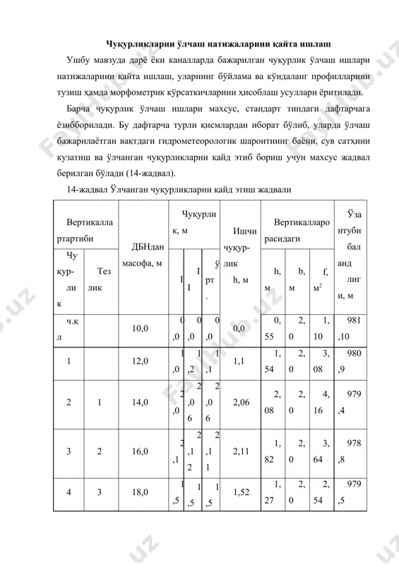 ан ўзан туби узунлигига айтилади. намланган периметр аналитик усул билан ҳисоблаб топилади, агарда дарё муз билан қопланган бўлса, у ҳолда намланган периметрга дарёнинг кенглиги ҳамқўшилади. гидравликрадиус деб, жонли кесма майдонининг намланган периметрга бўлган нисбатига айтилади: r( , м. агар дарё кенг ва саёз бўлса, ўртача чуқурлик билан гидравлик радиус бир-бирига миқдоран яқин бўлади. бундай ҳолларда, ҳисоблашларда катта аниқлик талаб этилмаса, бу икки элементни бир - бири билан алмаштириб фойдаланиш мумкин. сувнинг оқиш тезлигини ўлчаш тезликларнинг дарё чуқурлиги ва кенглиги бўйича тақсимланиши сувнинг оқиш тезлигини ўлчаш сув сарфини аниқлашда, гидротехник иншоотларни лойиҳалаш ва қуришда, шу билан бирга қатор илмий-амалий масалаларни ҳал қилишда муҳим аҳамият касб этади. ушбу мавзуда сувнинг оқиш тезлигига таъриф берилиб, сўнгра тезликни ўлчашнинг мақсад ва вазифалари, тезликнинг жонли кесма бўйича тақсимланиши, ўзанда сувнинг ҳаракати турлари ҳамда тезликка таъсир этувчи омиллар ҳақида маълумотлар келтирилади. дарё ўзанидаги сув массасининг вақт бирлиги ичида босиб ўтган масофаси сувнинг оқиш тезлигини ифодалайди. тезликни …
