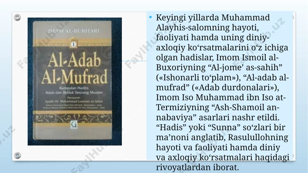 nidan aytilgan hadislarni yodlab borar edi. olti yil hijoz shahrida yashab, u yerda yetuk muhaddislardan hadis ilmi bo‘yicha, damashq, qohira, basra va bag‘dod shaharlarining mashhur olimlardan esa fikh ilmi bo‘yicha ta’lim oladi. shuningdek, allomaning o‘zi ham turli bahs va munozaralarda ishtirok etib, toliblarga dars ham beradi. imom ismoil al-buxoriy iste’dodli, o‘tkir zehnli hamda ziyrak olim bo‘lgan. “manbalarga ko‘ra, bag‘dod shahrida istiqomat qilgan vaqtda ko‘pincha qorong‘u kechalari sham yorug‘i va oyning nurida ijod qilib, kitob yozar ekan. tunda yodiga bexosdan biror-bir fikr-mulohaza tushib qolsa, shamni yoqib, darhol o‘sha fikrni qog‘ozga tushirar, shu tahlitda ba’zan shamni yigirma martagacha o‘chirib-yoqar ekan” imom buxoriyning o‘tkir zehn egasi ekanligini quyidagi misoldan ham bilish mumkin. rivoyatlarga ko‘ra, u qaysi bir kitobni qo‘lga olib, bir marotaba mutoala qilsa, unda bayon etilgan barcha fikrlar, ma’lumotlarni yodda saqlab qolavergan. imom ismoil al-buxoriyning qayd etishicha, yuz ming sahih (ishonchli) va ikki yuz ming g‘ayri sahih (ishonchsiz) hadisni yod bilgan. shogirdlaridan …