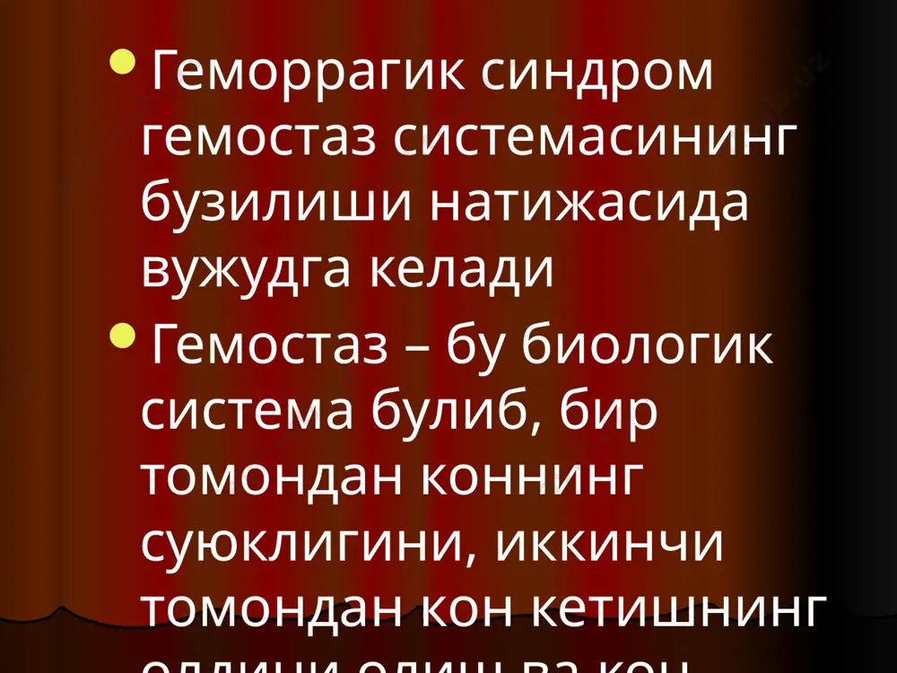 ши постгеморрагик анемия. итп кечиши. сурункали рецидивланувчи уткир (гаптен) вирусли инфекция ёки дори воситалари (сульфаниламидлар, бутадион, хинин) гаптен булиб, тромбоцит билан бирлашади. хосил булган антителолар тромбоцитларни парчалайди ва геморрагик синдром ривожланади. итп диагностикаси. умумий кон тахлили: эритроцит ва гемоглобин камайиши тромбоцитлар микдори камайиши (100х10*9/л дан кам) аутоиммун жараёнда эчт ошиши тромбоцитлар морфологик узгариши: улчами катталашиши. коагулограмма: дьюк ва айви буйича кон кетиш кучайиши, ретракция камайиши, кон ивиш вакти ва каолин-кефалин тести нормада миелограмма: мегакариоцитлар ошган, донадорлиги кам диксон синамаси- антитромбоцитар антителоларни аниклаш. даволаш. глюкокортикостероидлар: преднизолон 40-60 мг/сут схема буйича гкс эффекти булмаса иммунодепрессантлар- метипред, винкристин, азатиоприн, циклофосфан спленэктомия курсатма: кучайиб борувчи анемия, дори воситалар эффекти булмаса. тромбоцитопатия- тромбоцитлар сифати ва фаолияти – адгезия ва агрегация фаолияти бузилиши билан характерланадиган касаллик булиб, гемостаз бузилишига олиб келади. тромбоцитопатияда тромбоцитлар микдори нормада геморрагик диатезларнинг 36% ини ташкил килади. клиникаси. тери ости петехиал-догсимон кон куйилиши, носимметрик жойлашган гематомалар шиллик каватлардан кон кетиши: милк, бурундан …