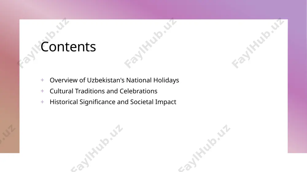 ommemorate pivotal historical events and cultural achievements, uniting citizens in their national narrative. the essence of uzbek cultural traditions in national celebrations. 1 cultural heritage - uzbekistan's national holidays embody its rich cultural heritage, showcasing unique customs, folklore, and rituals that have been passed down through generations. 2 traditional music - music plays a vital role in celebrations, with traditional instruments like the dutar and doira creating an atmosphere of joy and unity during national festivities. 3 folk dances - folk dances, such as the lazgi, are integral to uzbek celebrations, reflecting the nation's history and fostering a sense of community and cultural pride among participants. 4 ceremonial attire - traditional attire, characterized by vibrant colors and intricate patterns, is worn during holidays, symbolizing national identity and enhancing the festive spirit of the celebrations. festive customs: how uzbekistan celebrates its national holidays. 1 traditional dances - traditional dances, such as …